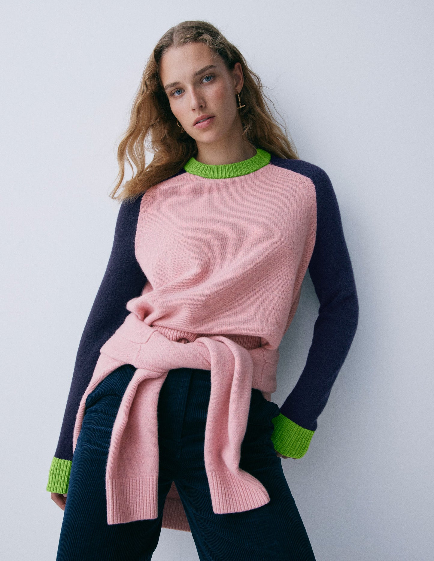 Marion Merino Sweater-French Pink, Navy Colour Block