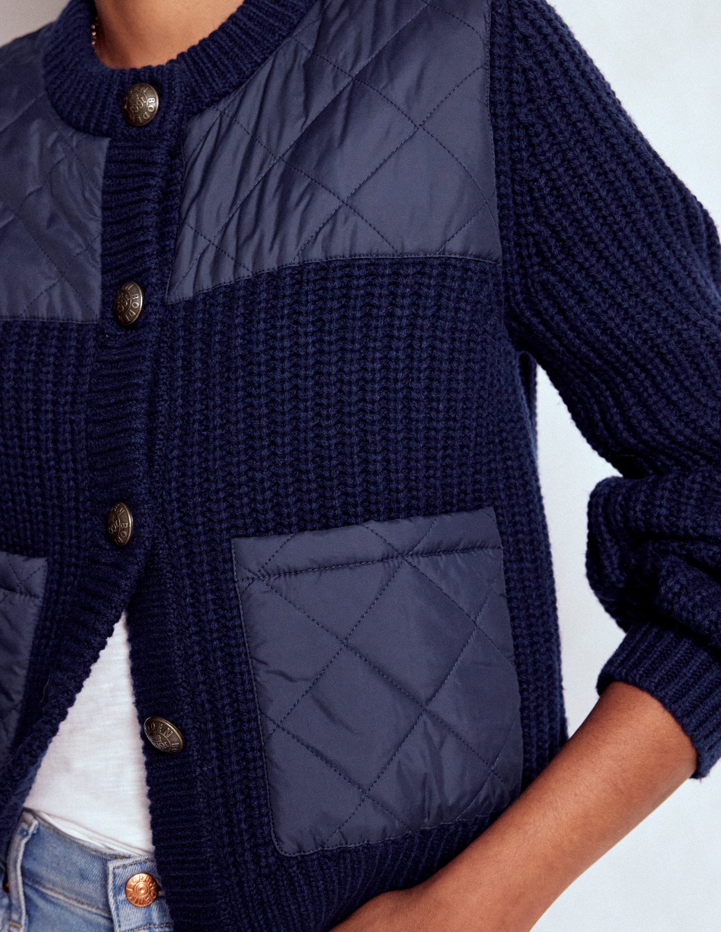 Short Quilted Knitted Jacket-Navy