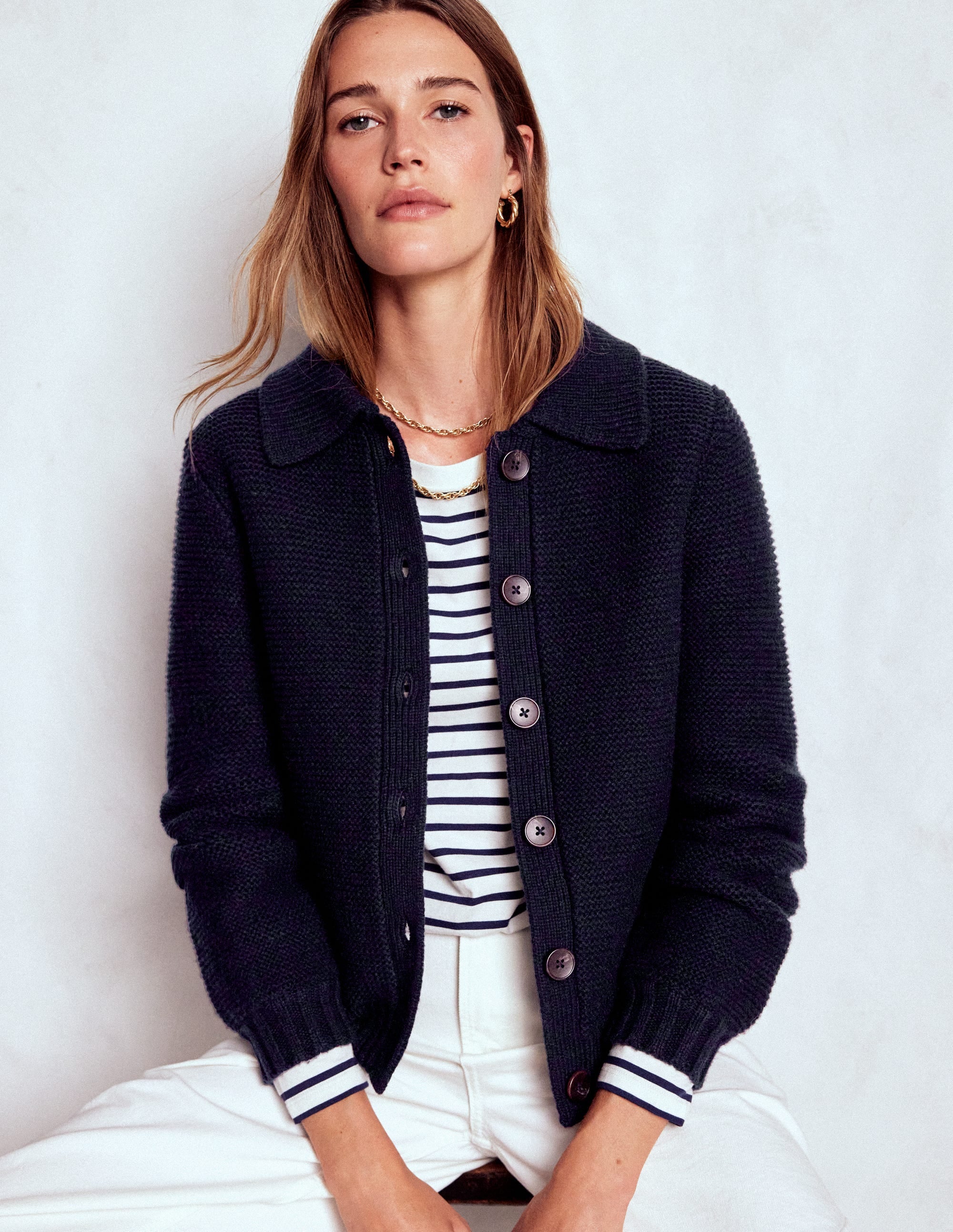Chunky Collar Knitted Jacket-Navy - Image 1