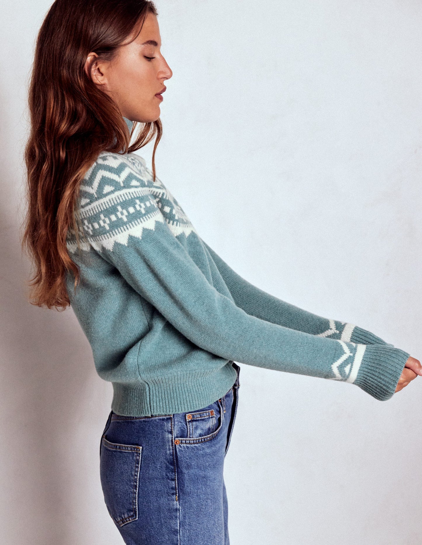Marion Merino Rib Neck Sweater-Cloud Blue, Fair Isle