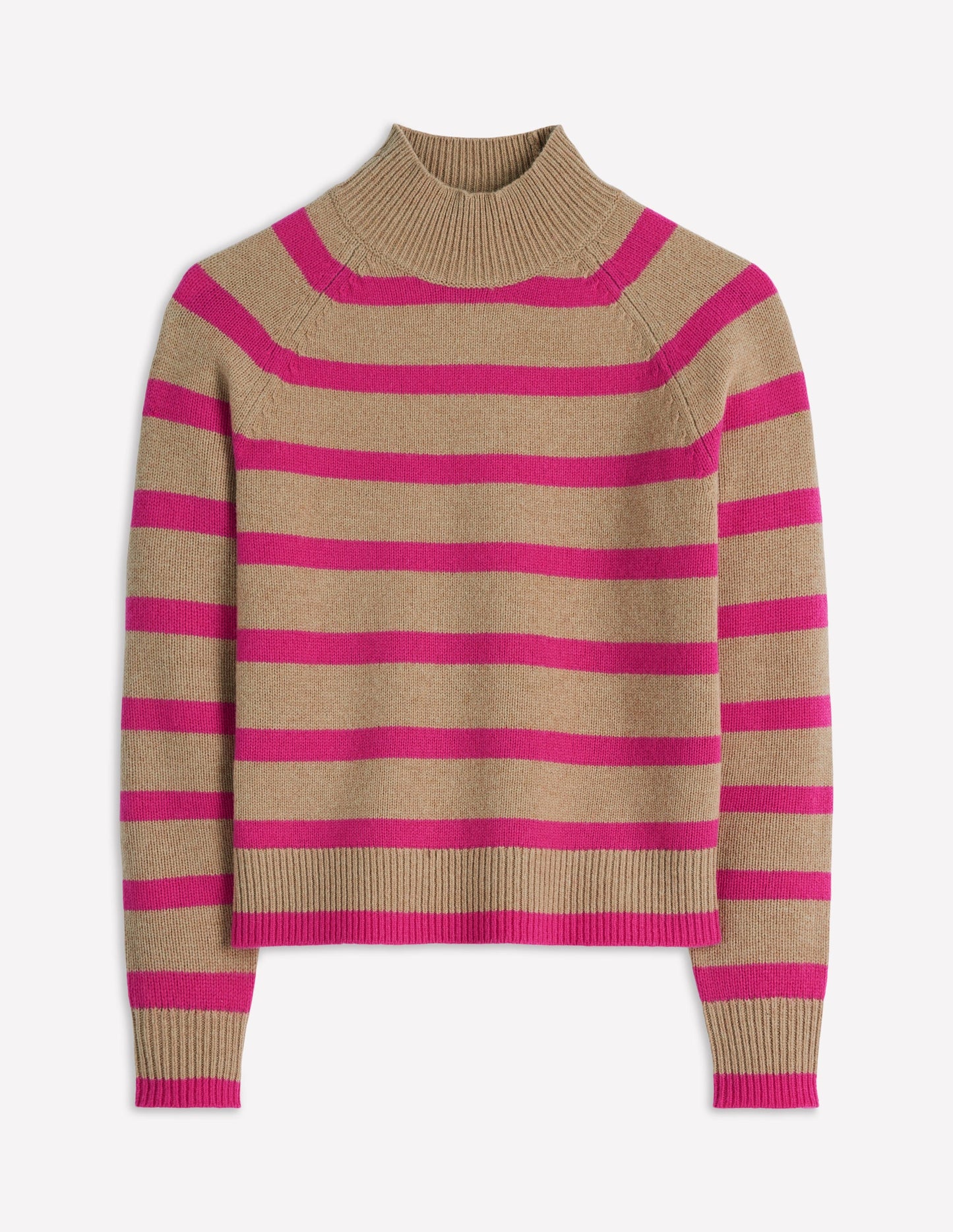 Marion Merino Rib Neck Sweater-Camel, Brilliant Pink Stripe