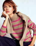 Marion Merino Rib Neck Sweater-Camel, Brilliant Pink Stripe