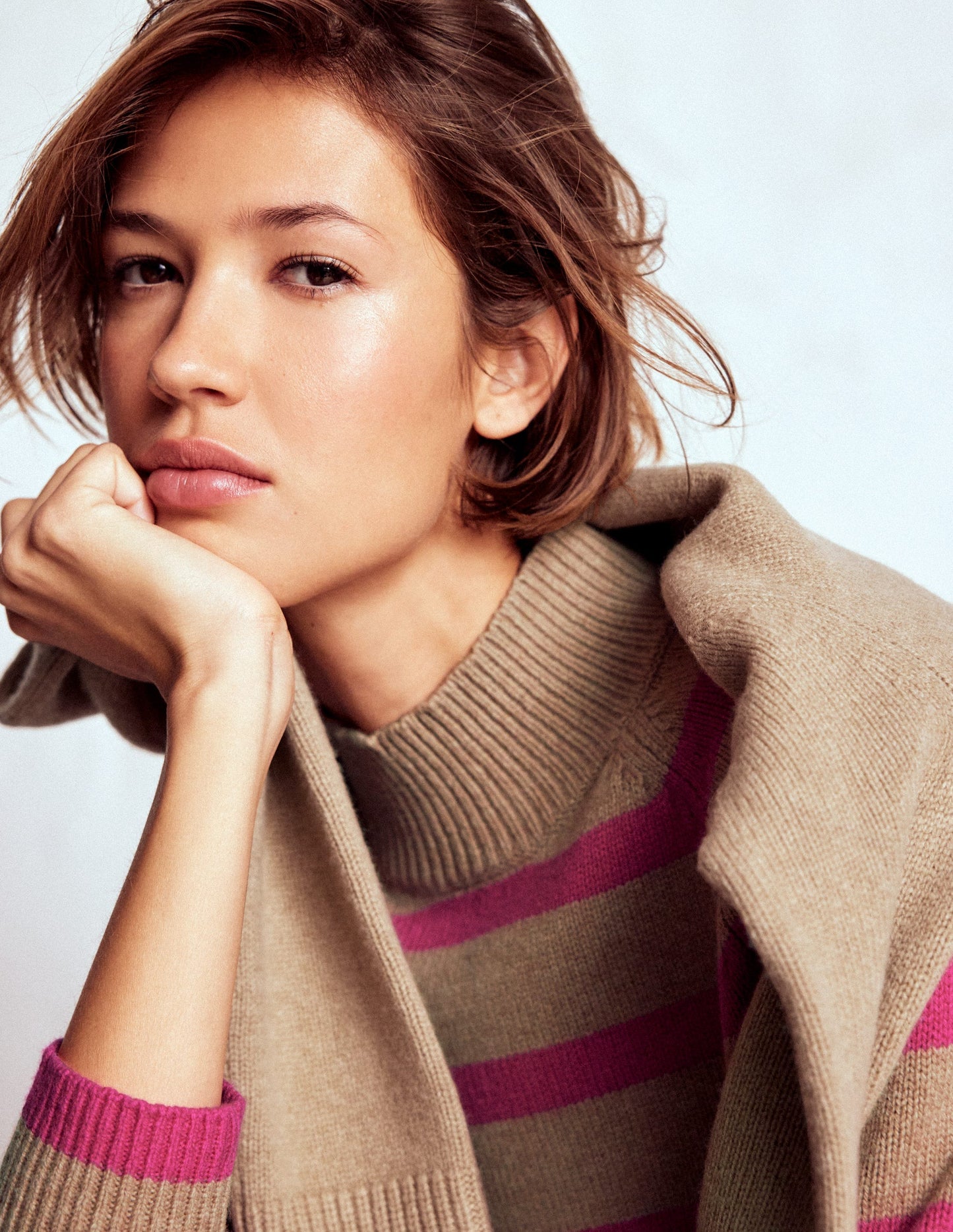 Marion Merino Rib Neck Sweater-Camel, Brilliant Pink Stripe