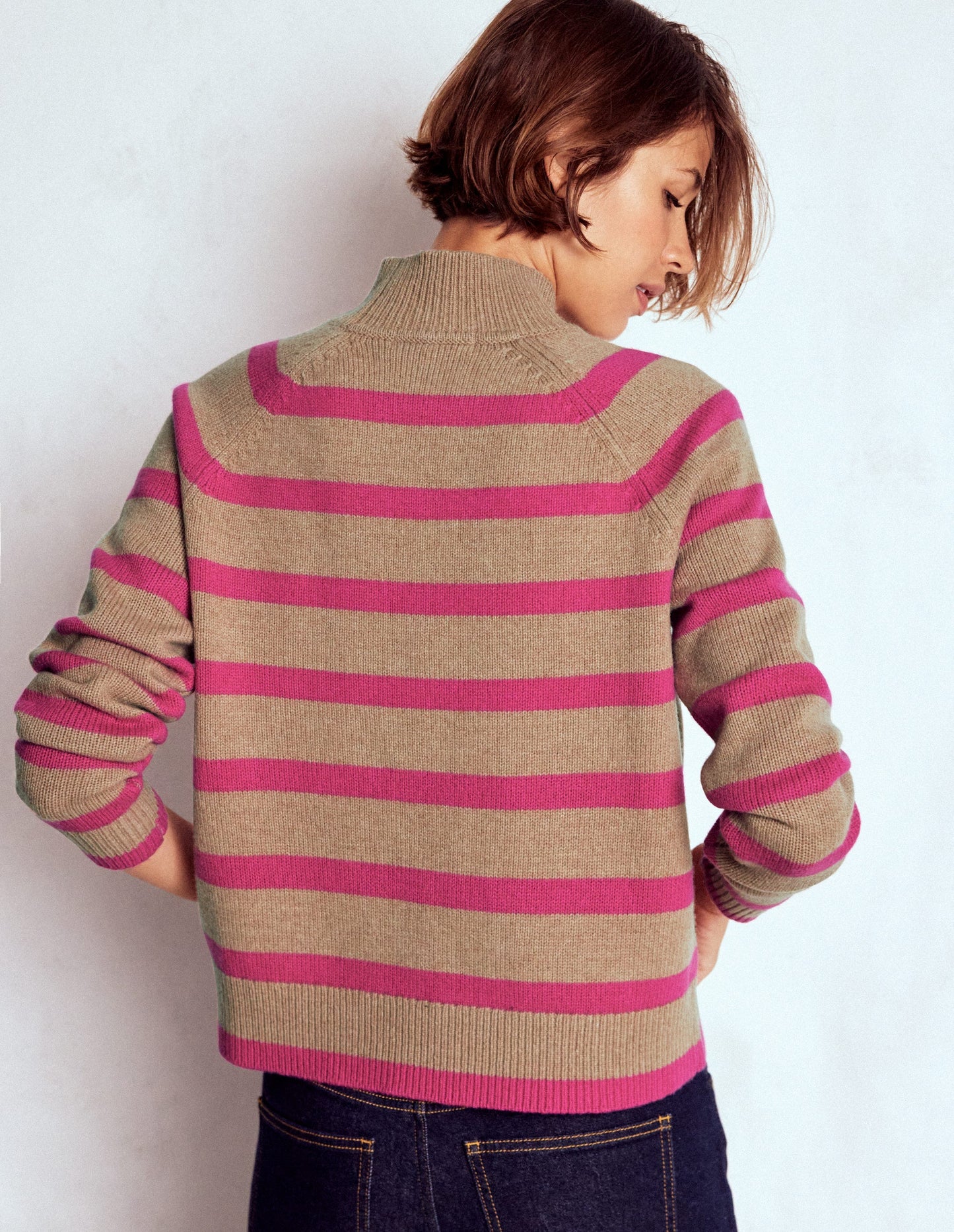 Marion Merino Rib Neck Sweater-Camel, Brilliant Pink Stripe