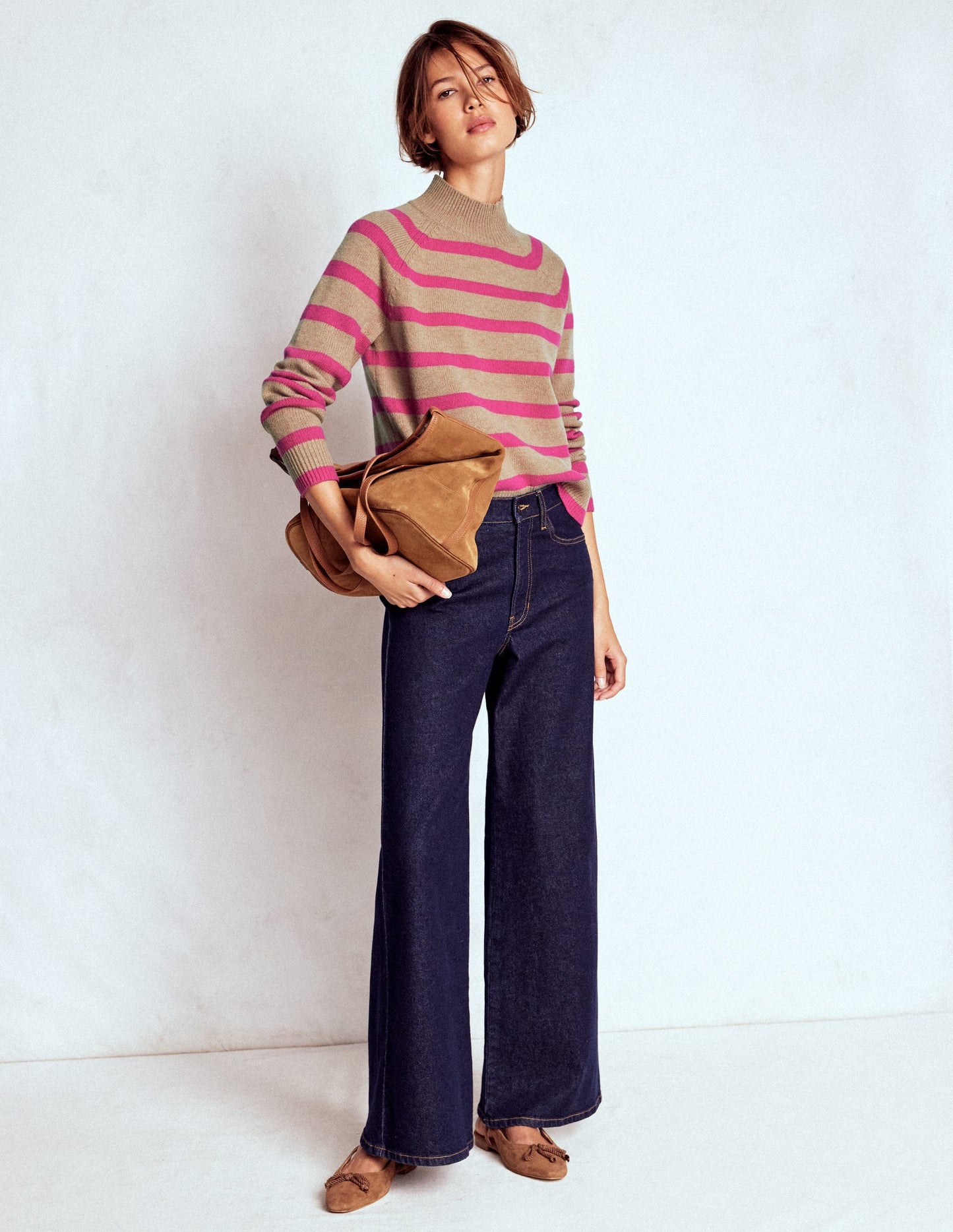 Marion Merino Rib Neck Sweater-Camel, Brilliant Pink Stripe