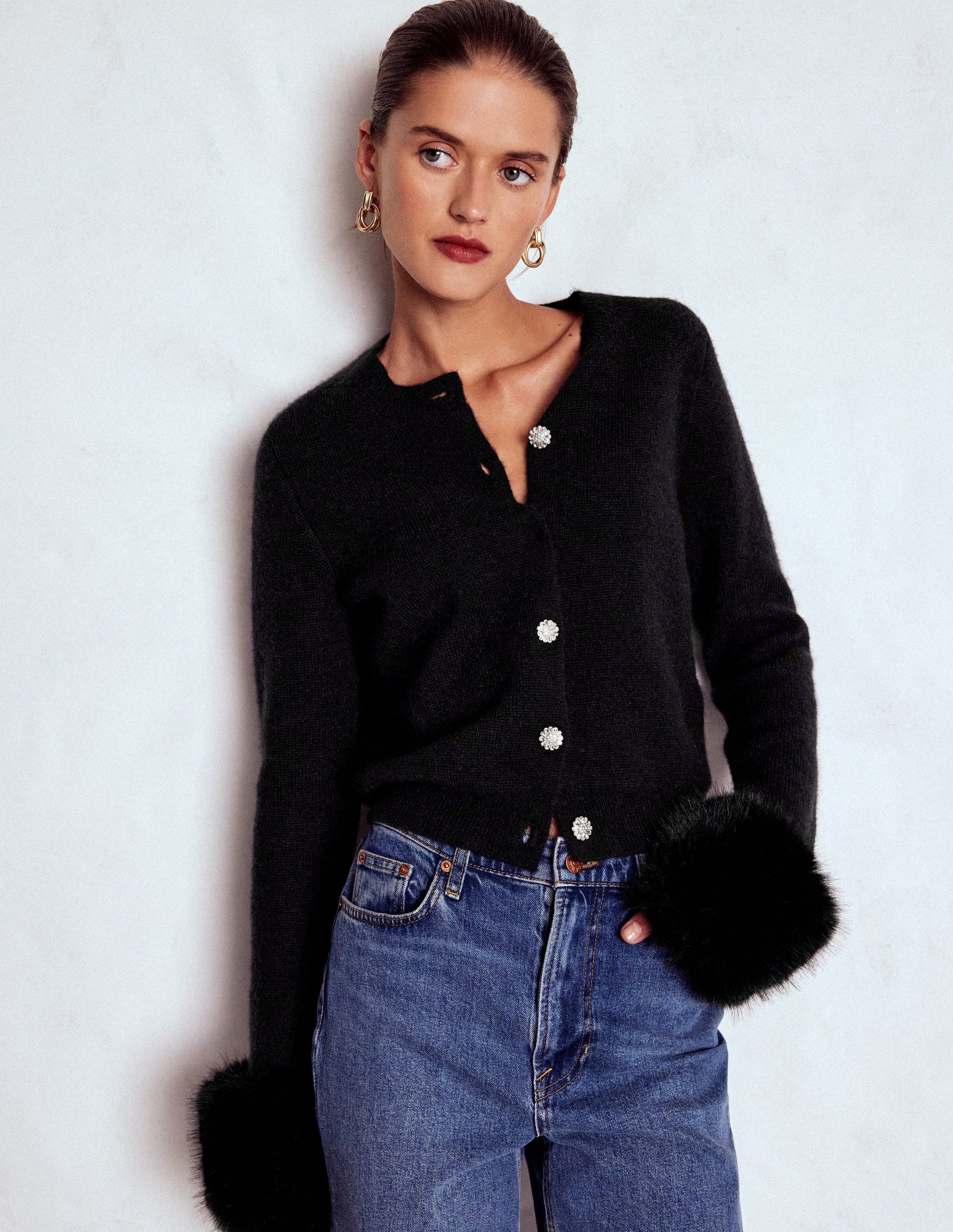 Fur Trim Cardigan-Black-1