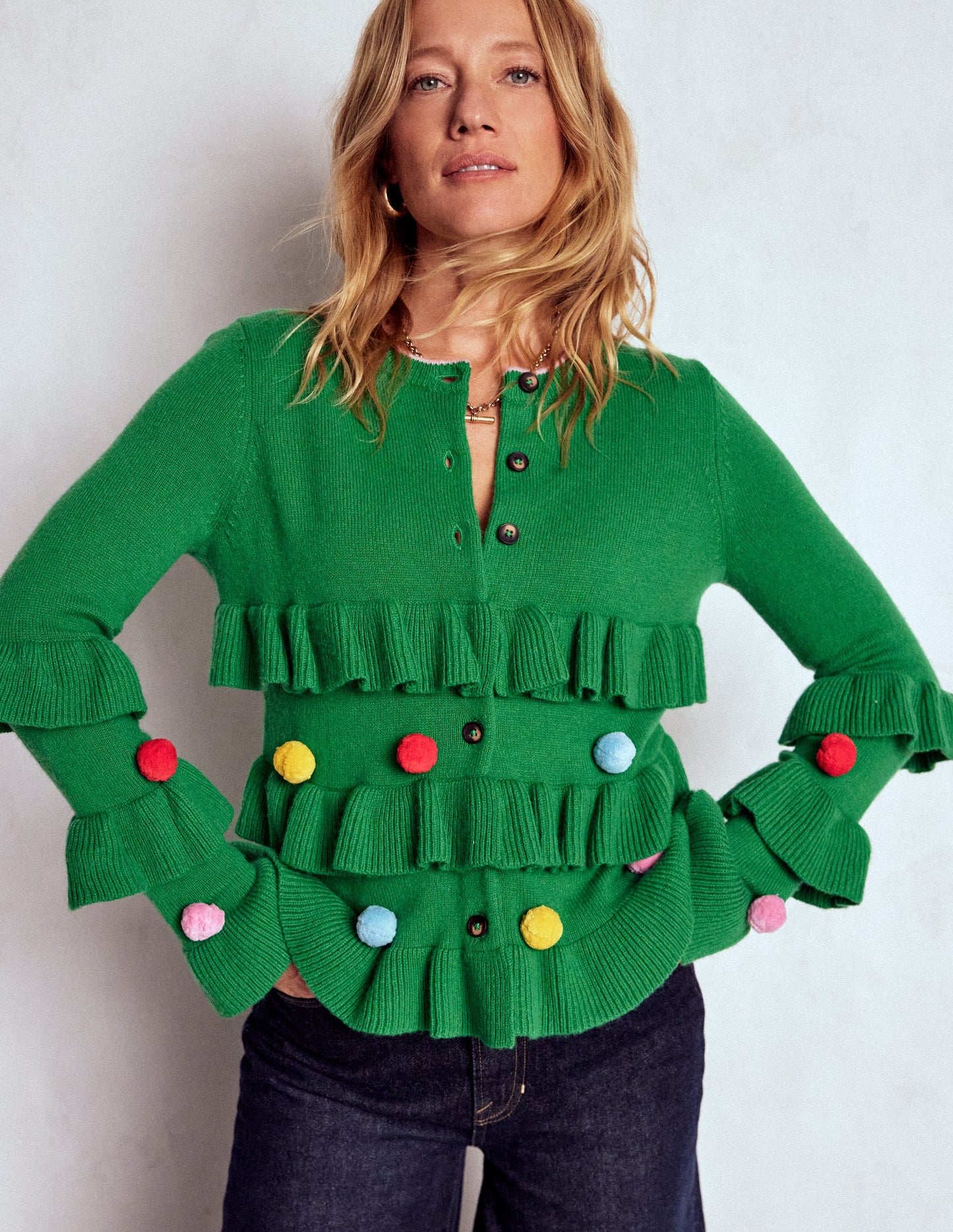 Festive Embroidered Cardigan-Sapling Green