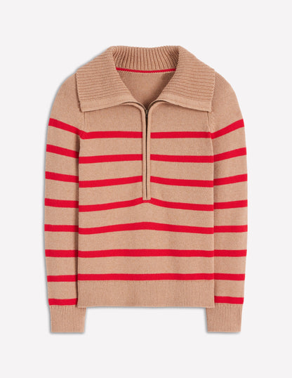 Lucy Half-zip Sweater-Camel Melange, Red Stripe-5
