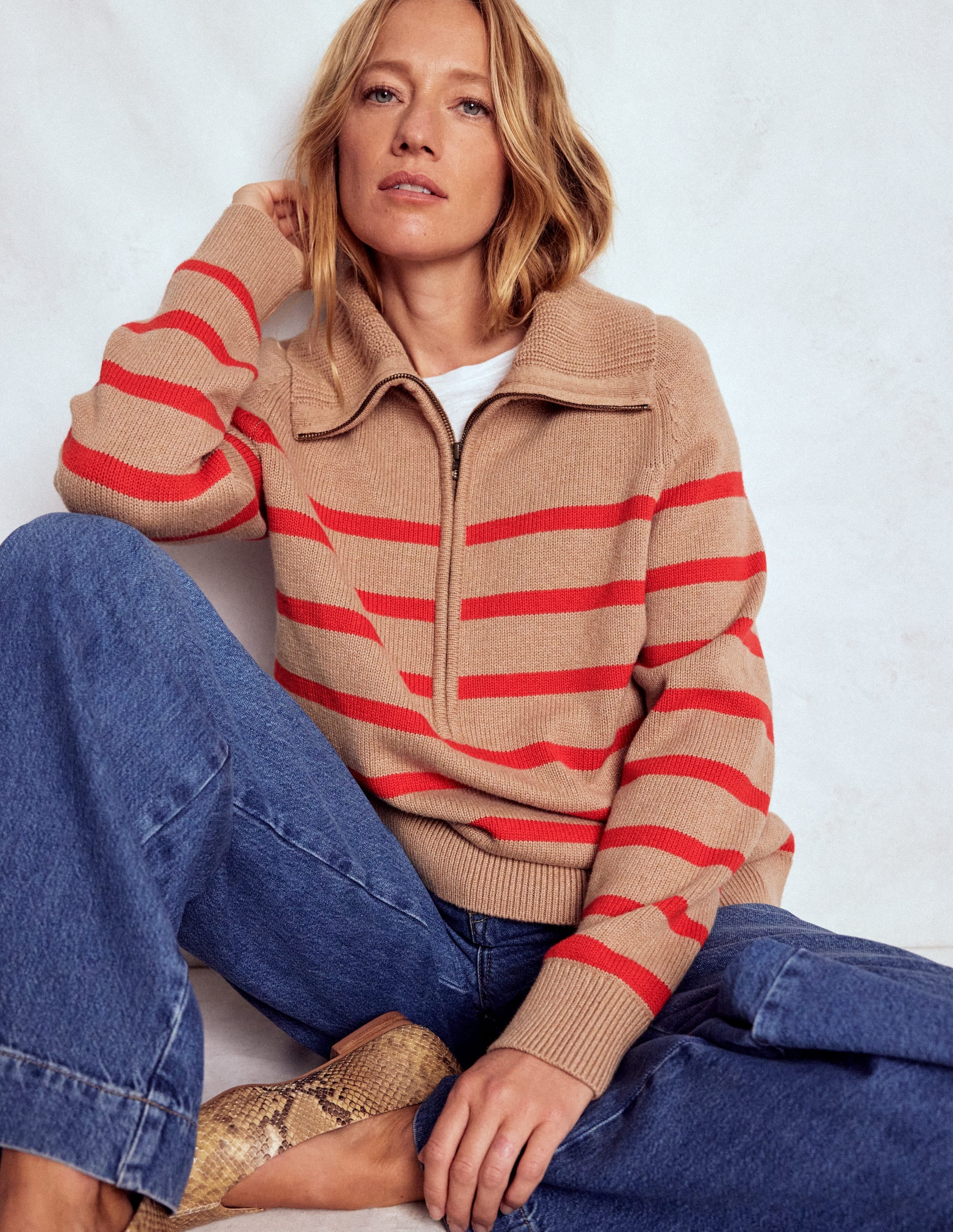 Lucy Half Zip Sweater-Camel Melange, Red Stripe - Image 1