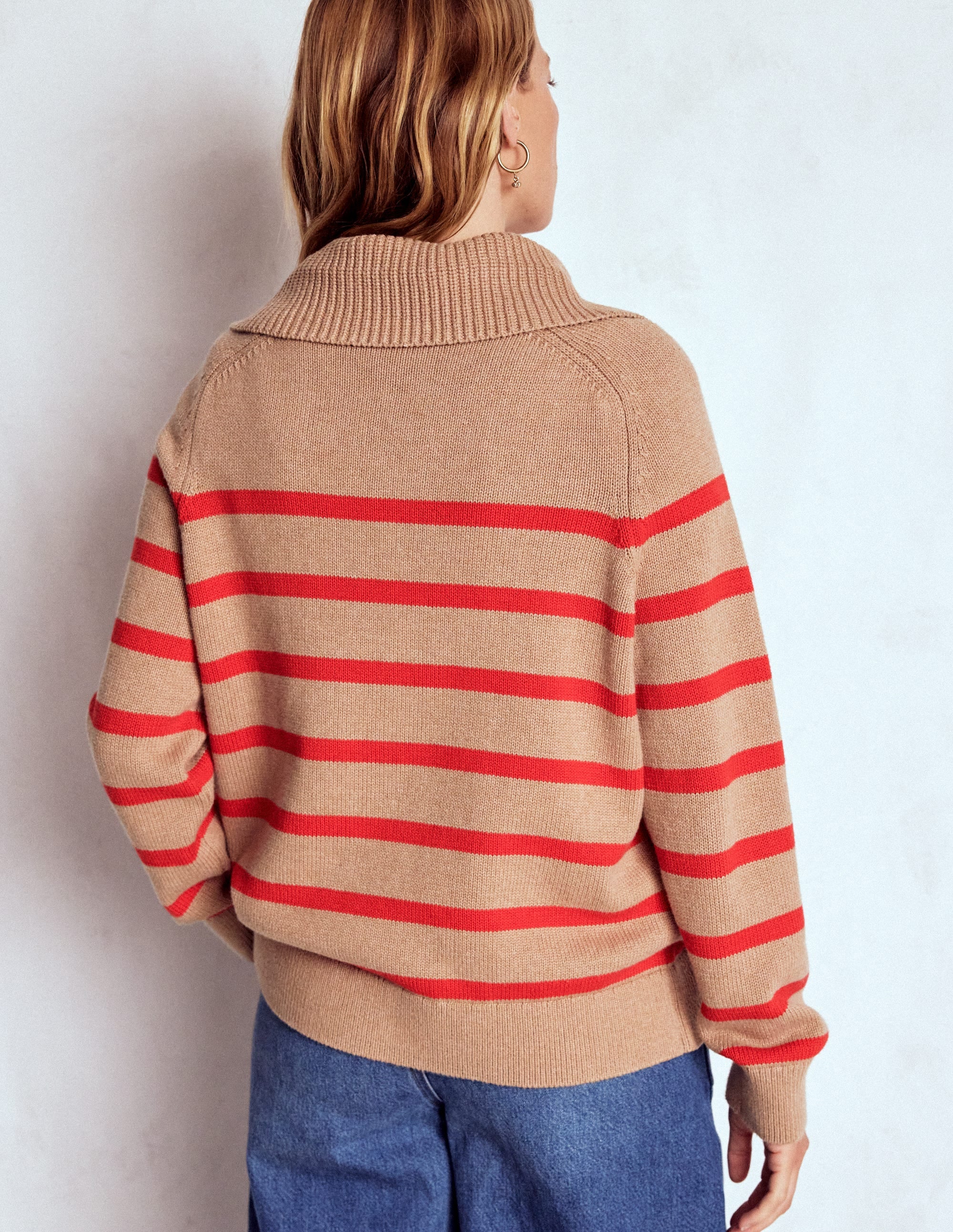 Lucy Half Zip Sweater - Camel Melange, Red Stripe | Boden USA