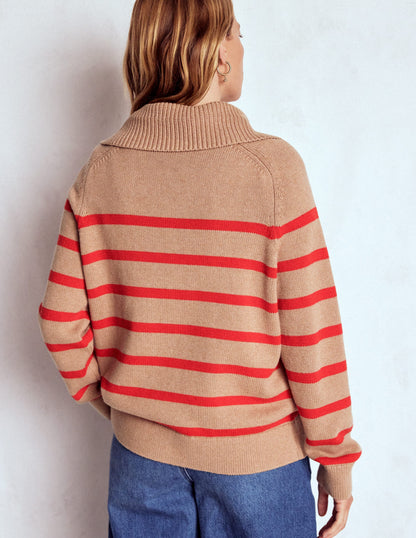 Lucy Half-zip Sweater-Camel Melange, Red Stripe-4