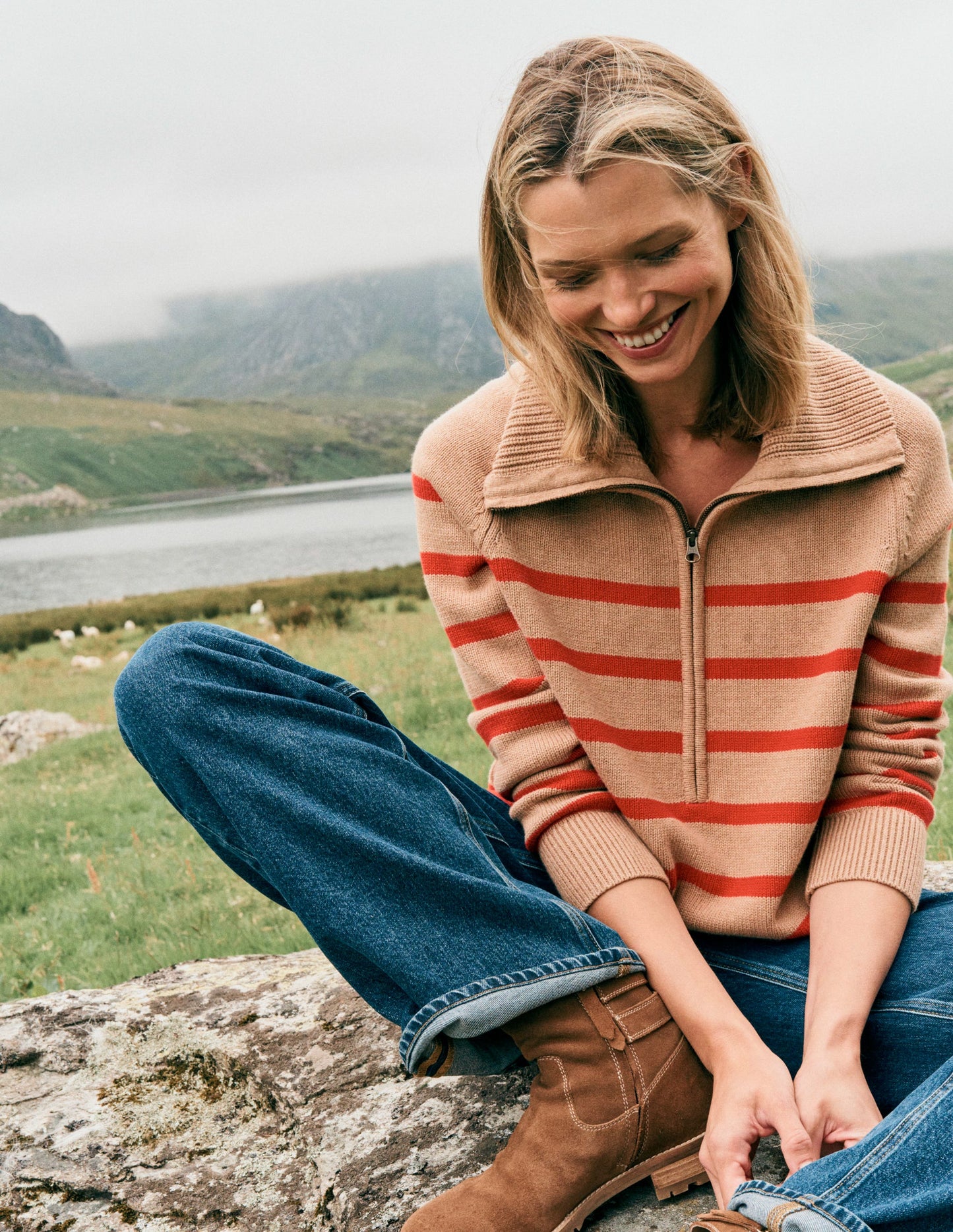 Lucy Half-zip Sweater-Camel Melange, Red Stripe