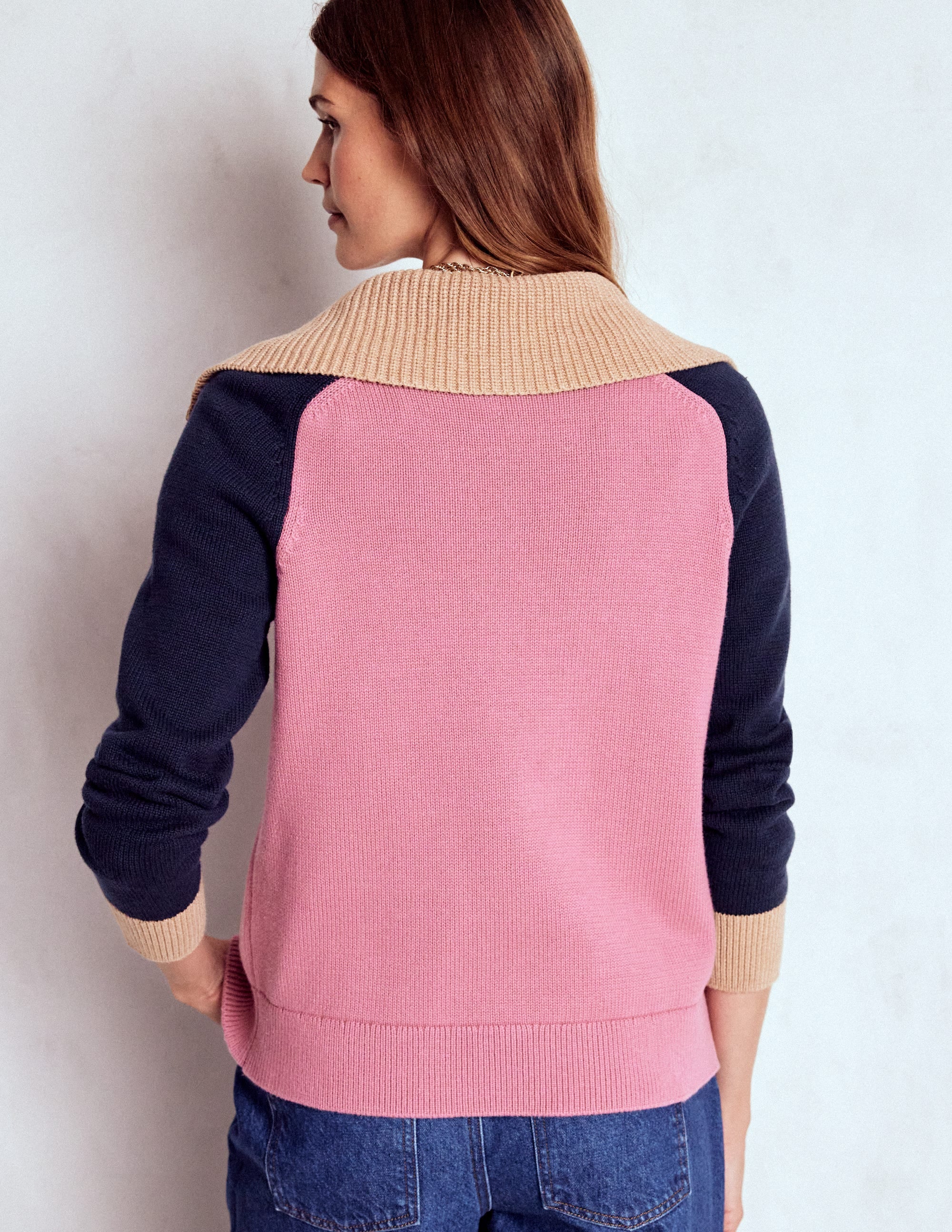 Lucy Half Zip Sweater-Pink Heather, Navy - Image 3