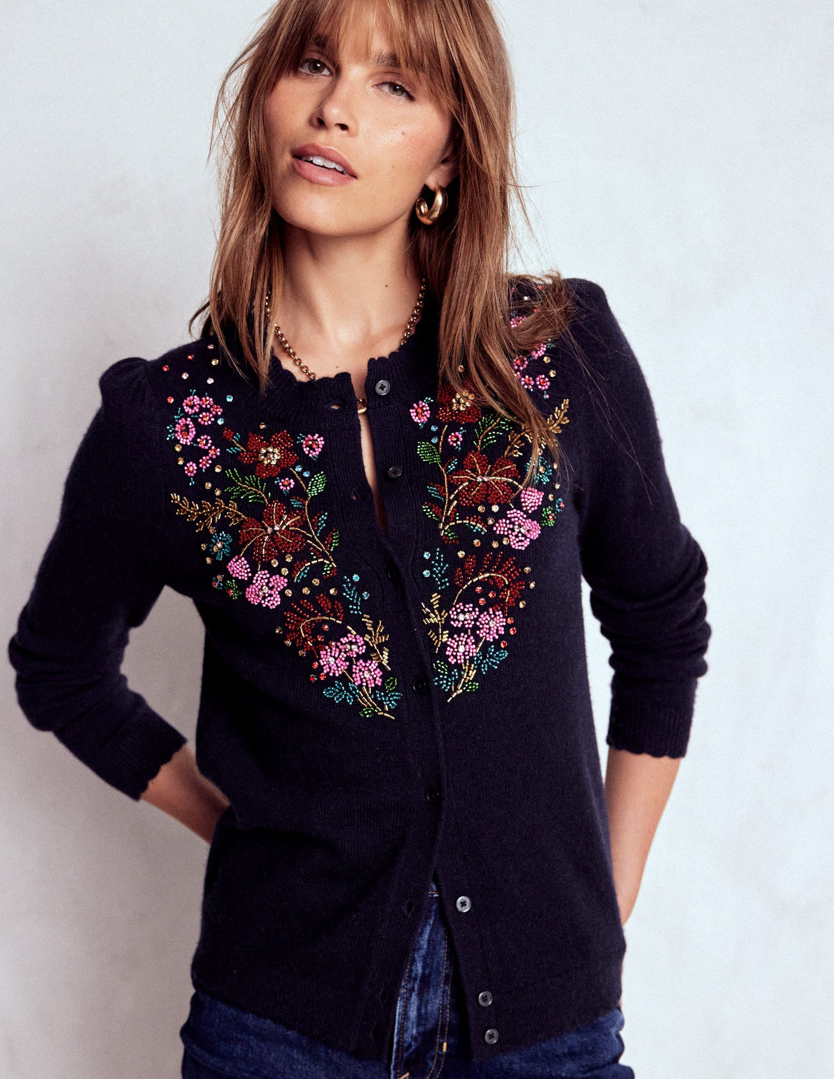 Elizabeth Embellished Cardigan-Navy, Floral Embellishment - Image 4