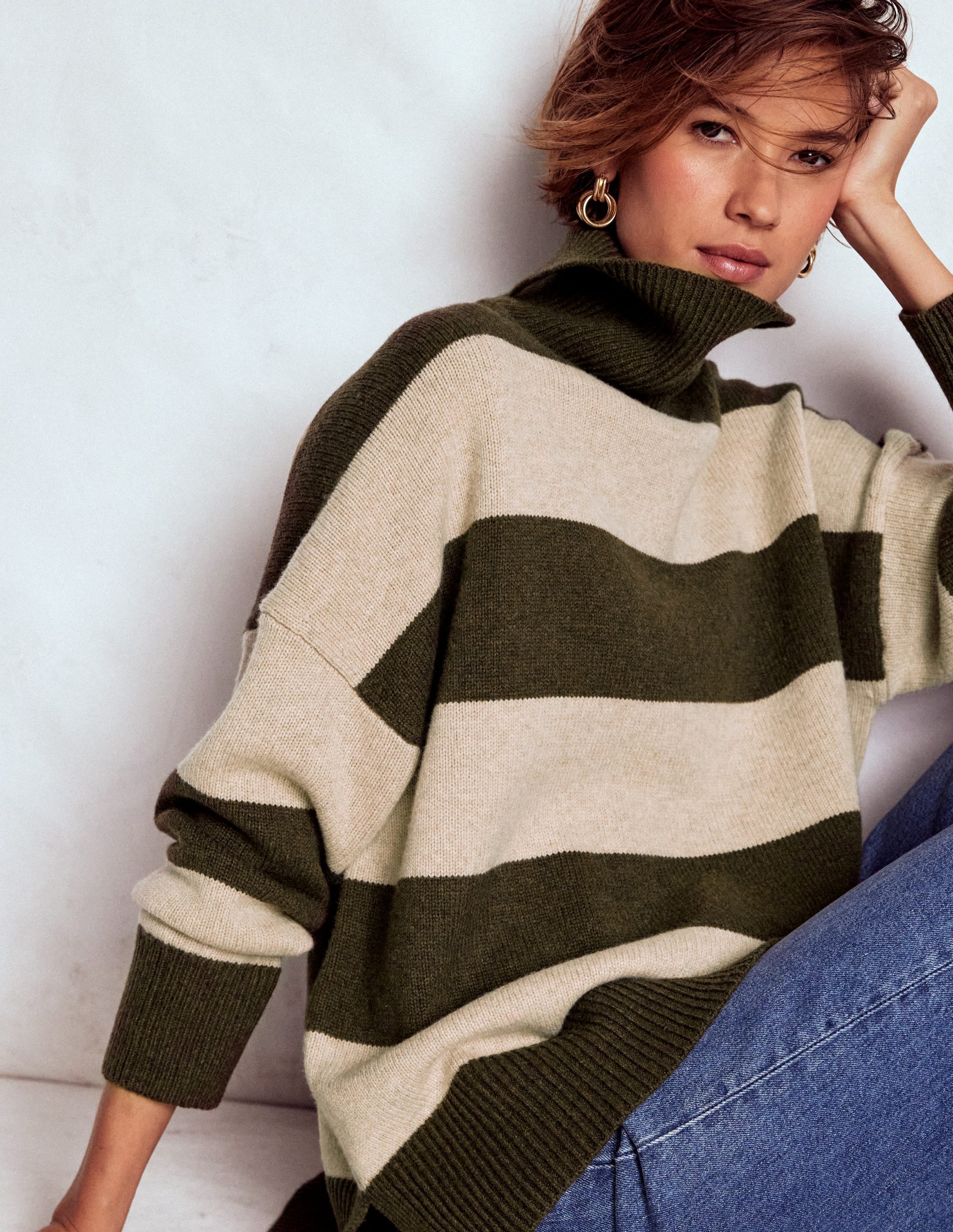 Polly Merino Roll Neck Sweater-Marsh, Linen Stripe - Image 1
