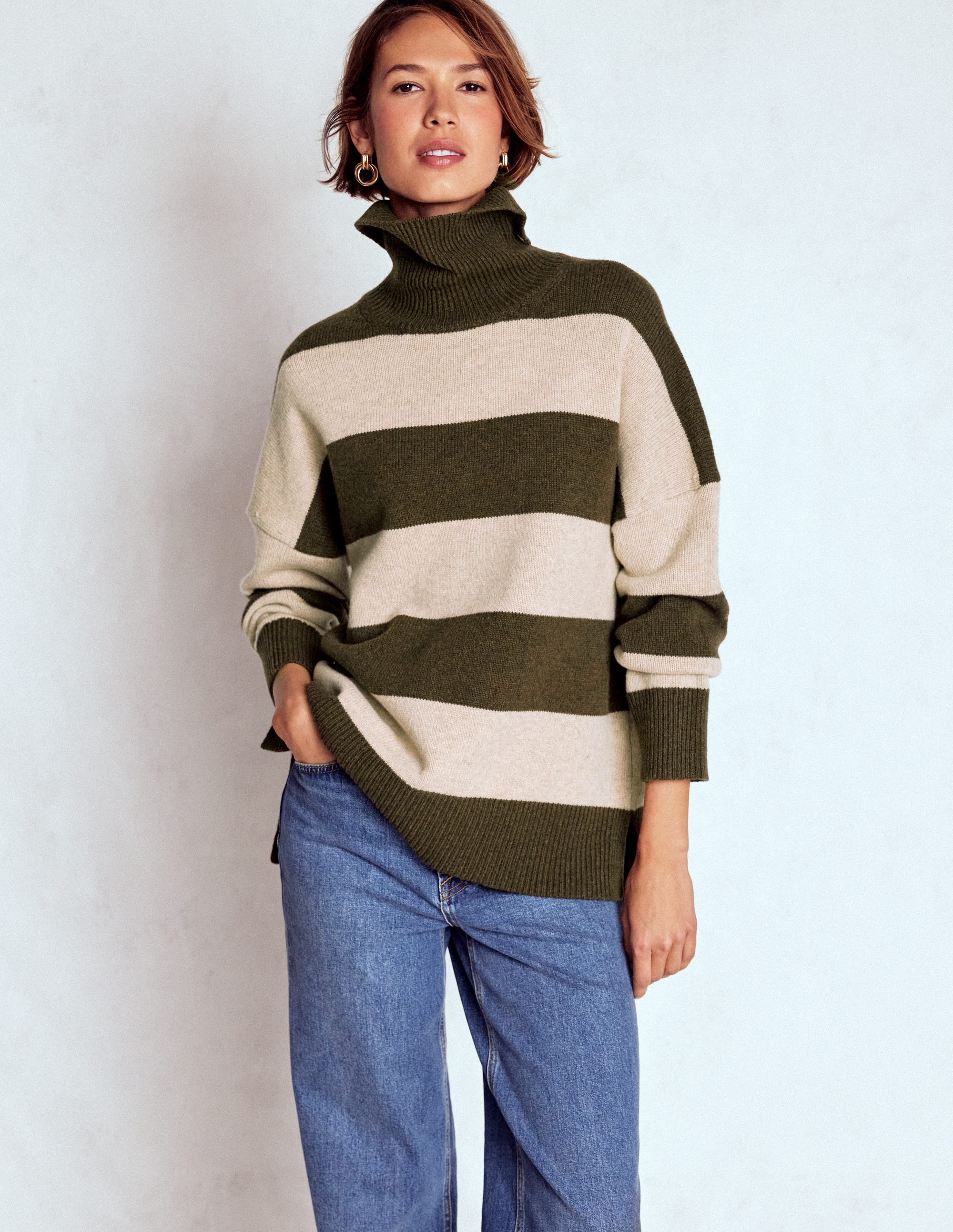 Polly Merino Roll Neck Sweater-Marsh, Linen Stripe - Image 4