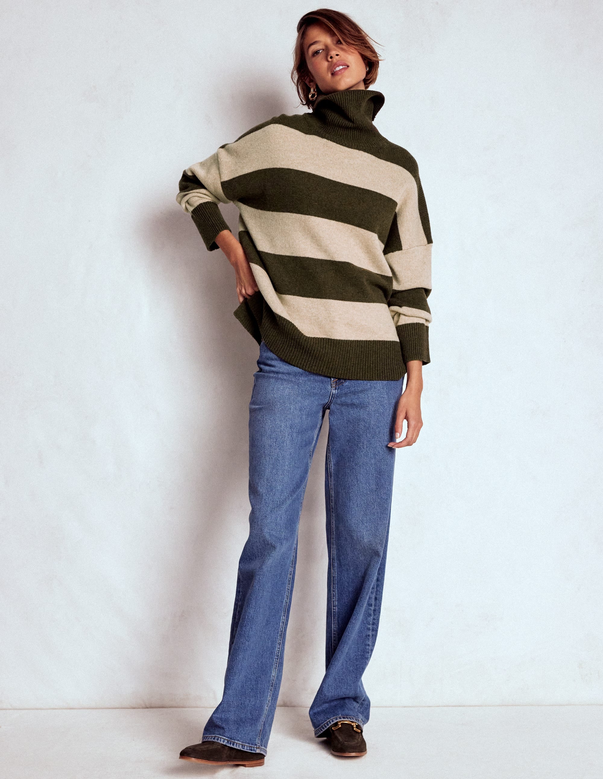 Polly Merino Roll Neck Sweater-Marsh, Linen Stripe - Image 5