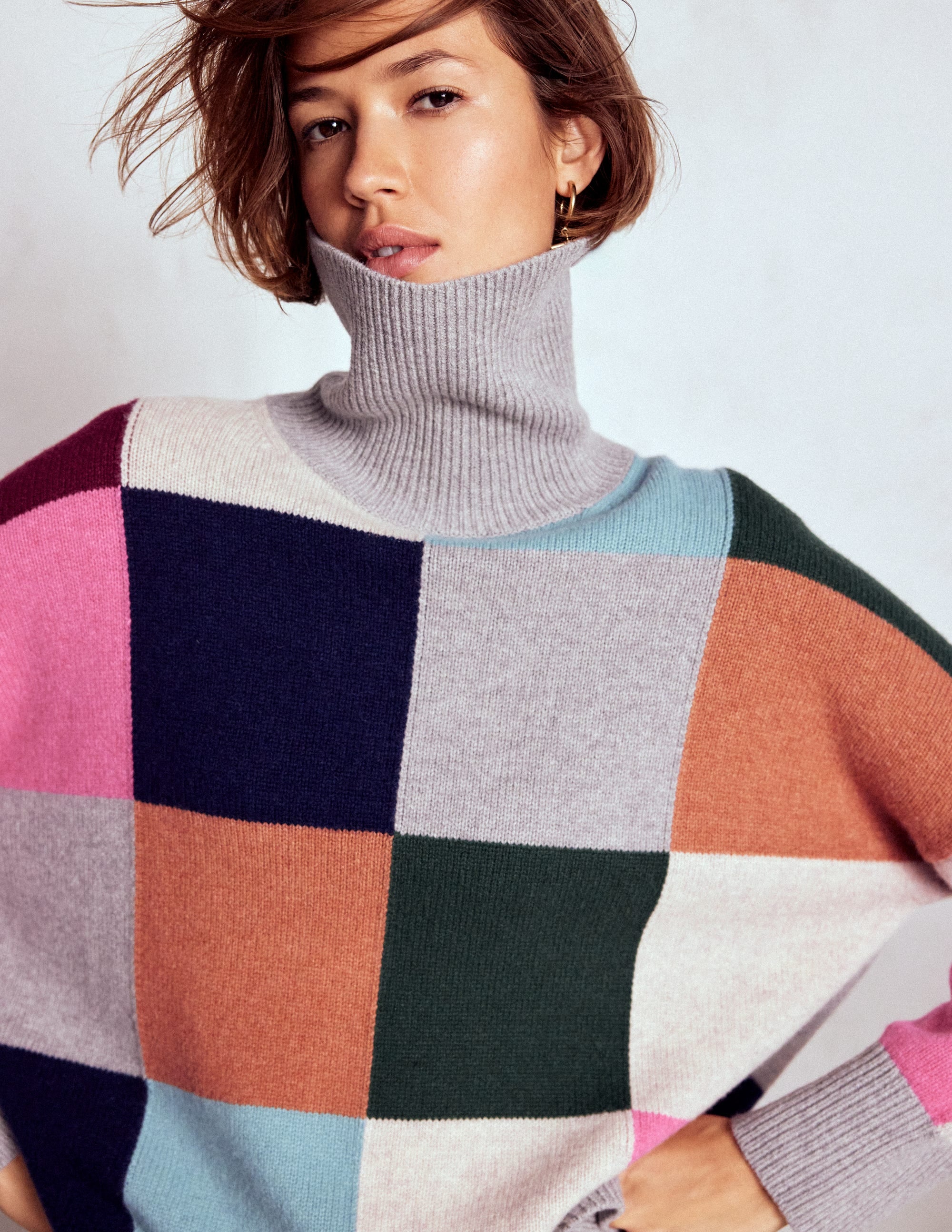 Polly Merino Roll Neck Sweater-Grey Marl Check - Image 1