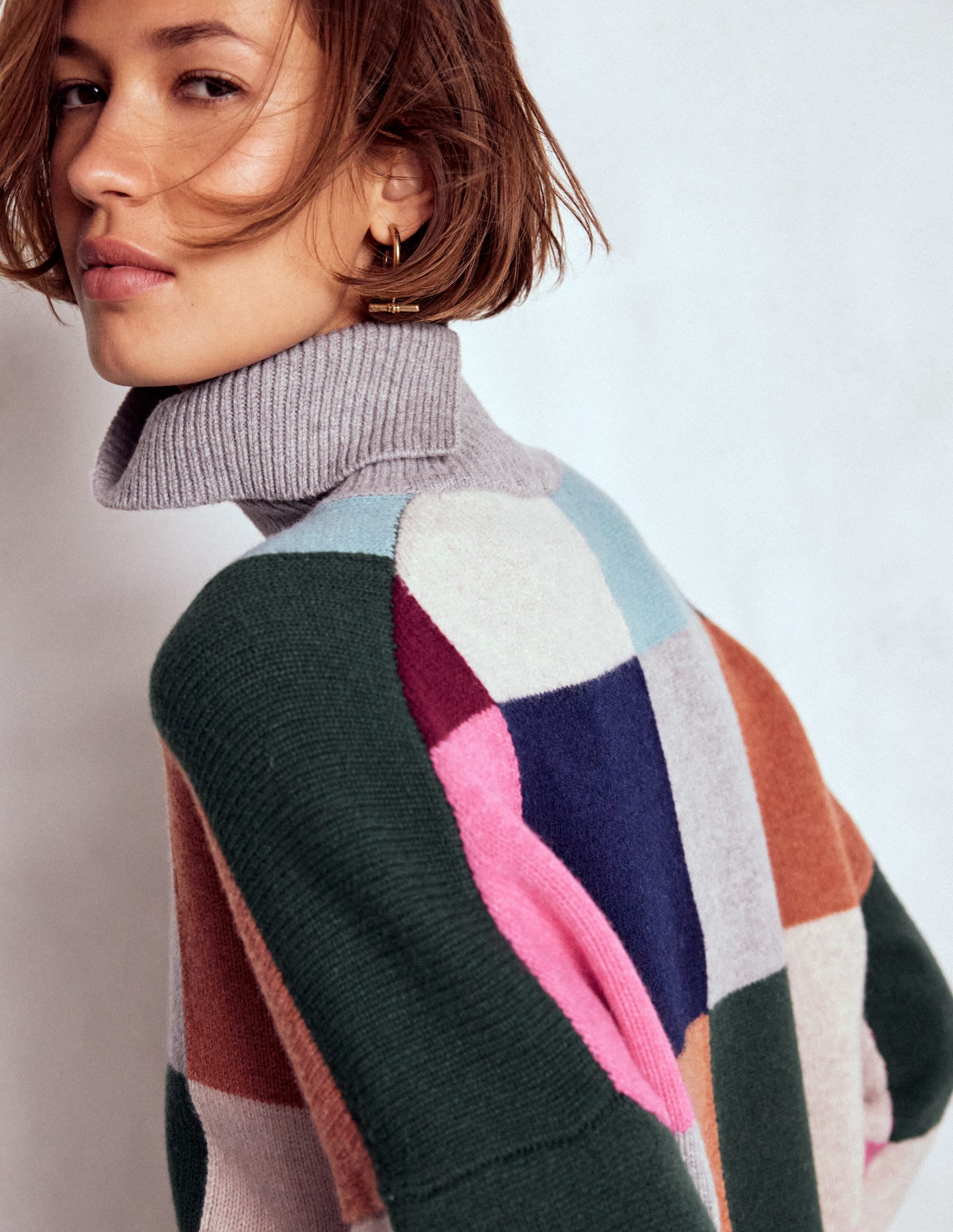 Polly Merino Roll Neck Sweater-Grey Marl Check - Image 2