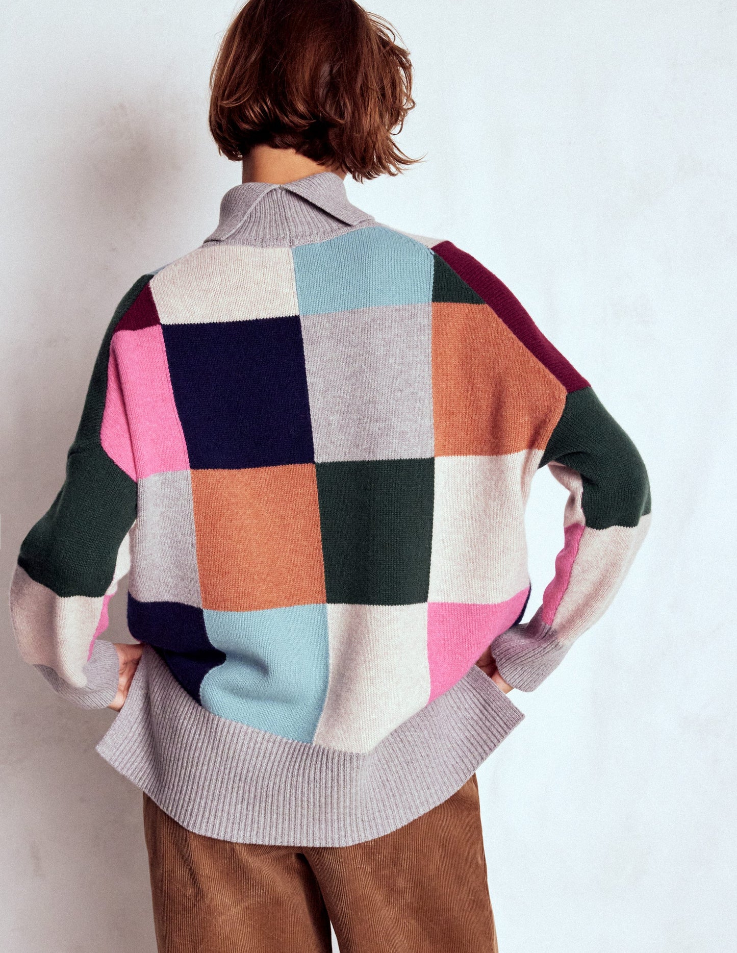 Polly Merino Roll Neck Sweater-Grey Marl Check