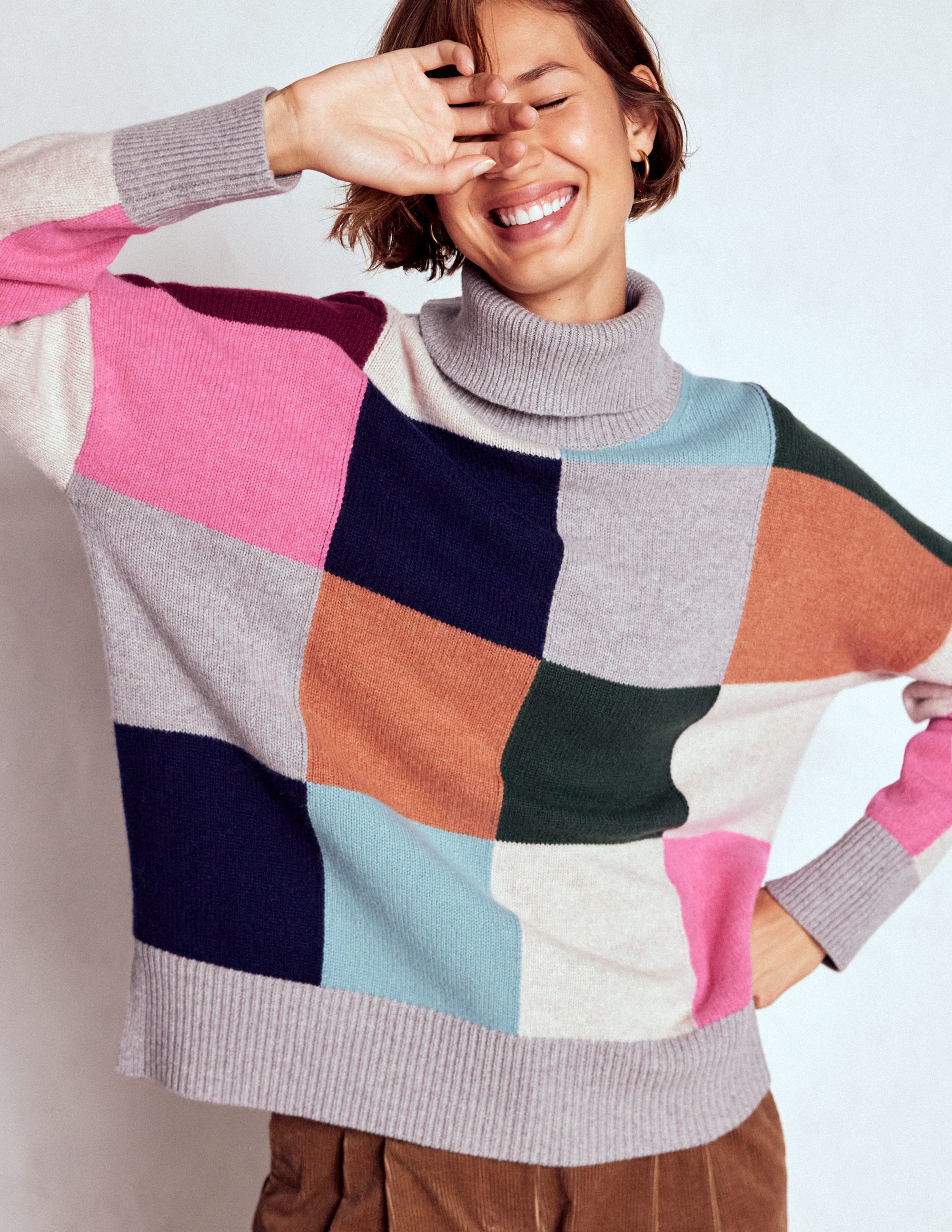 Polly Merino Roll Neck Sweater-Grey Marl Check - Image 4
