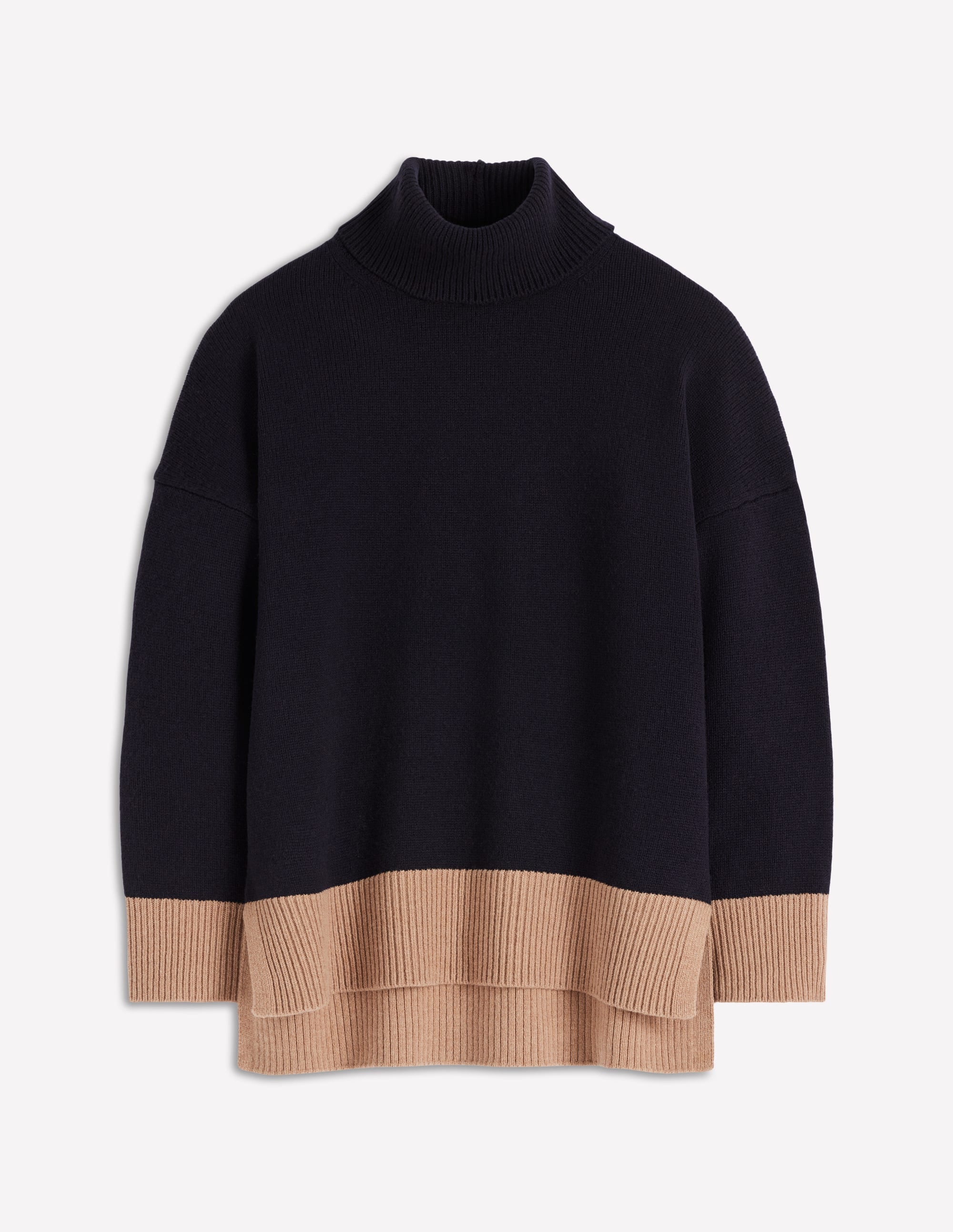 Polly Merino Roll Neck Sweater-Navy, Warm Taupe Colour Block - Image 7