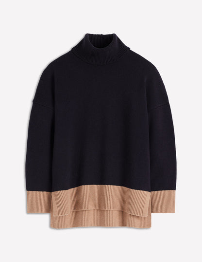Polly Merino Roll Neck Sweater-Navy, Warm Taupe Colour Block-7