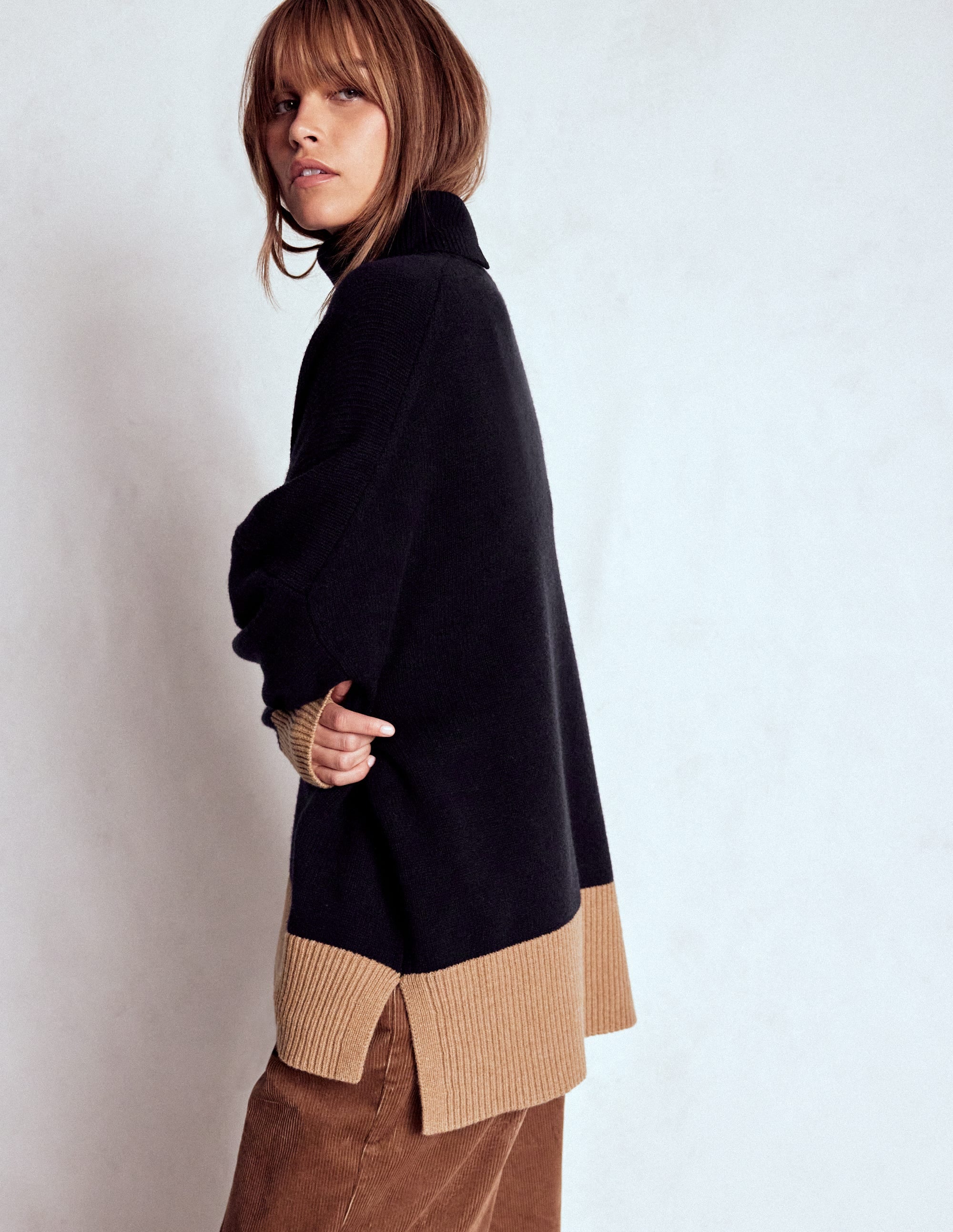 Polly Merino Roll Neck Sweater-Navy, Warm Taupe Colour Block