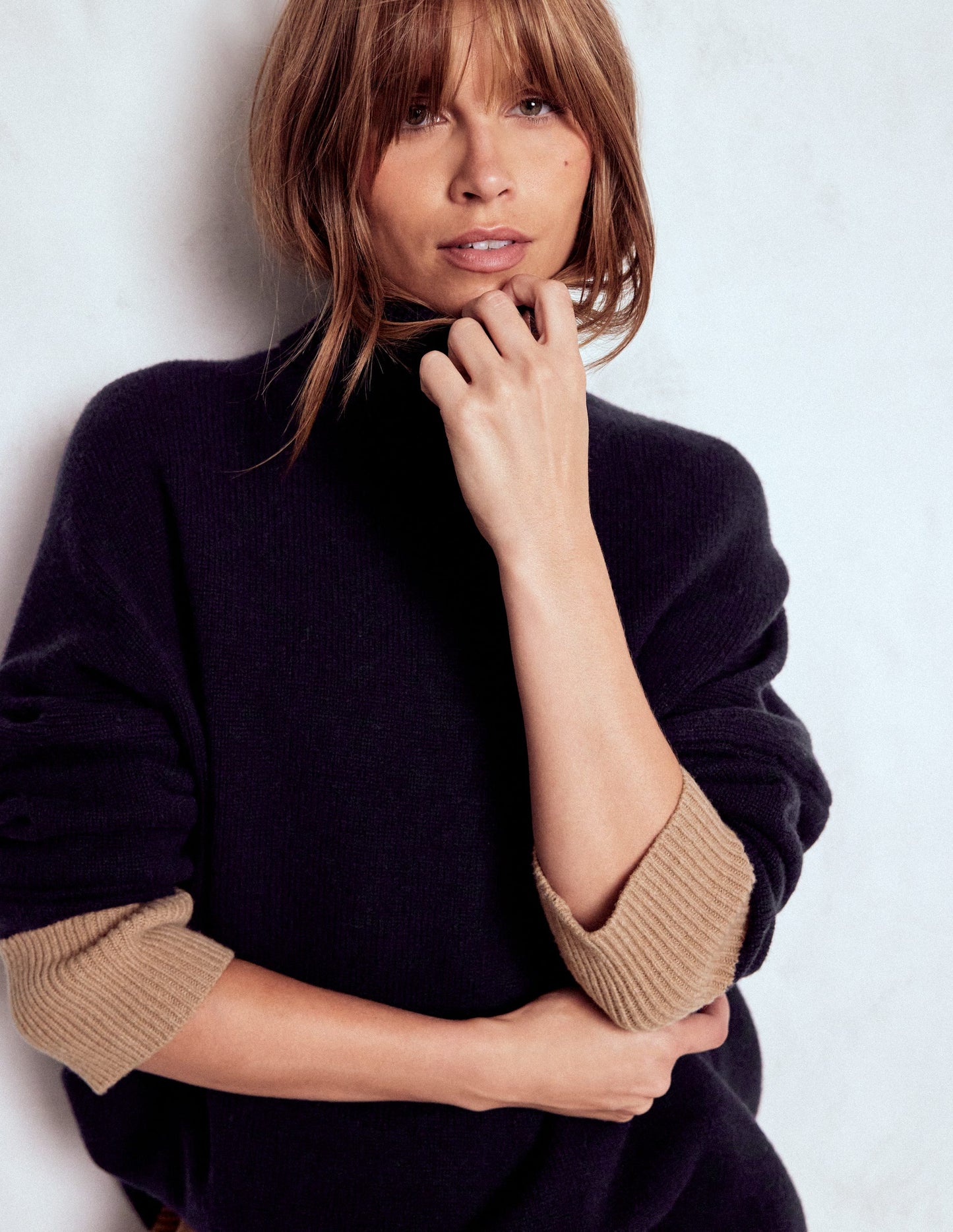 Polly Merino Roll Neck Sweater-Navy, Warm Taupe Colour Block