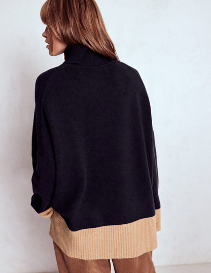 Polly Merino Roll Neck Sweater-Navy, Warm Taupe Colour Block-3