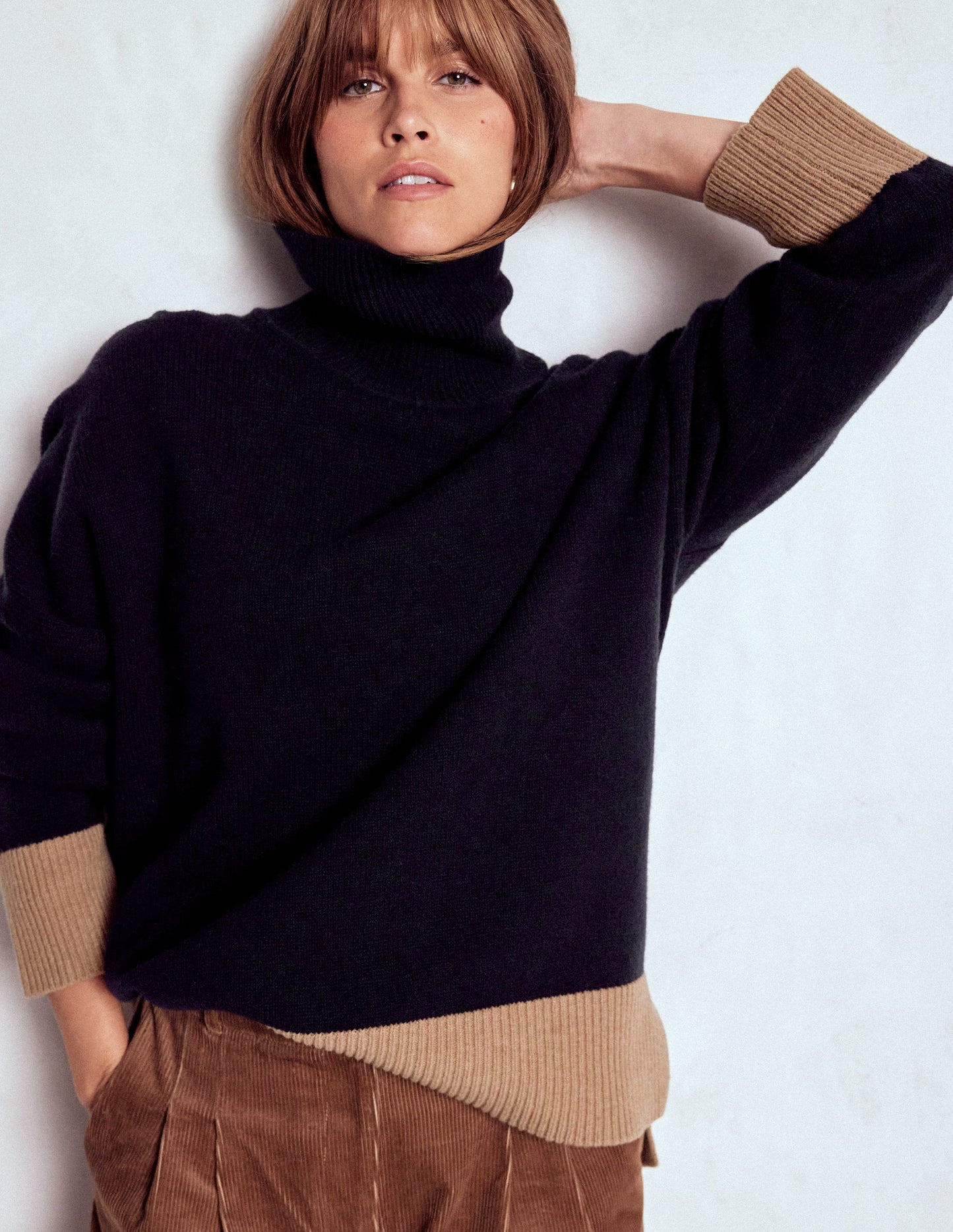 Polly Merino Roll Neck Sweater-Navy, Warm Taupe Colour Block
