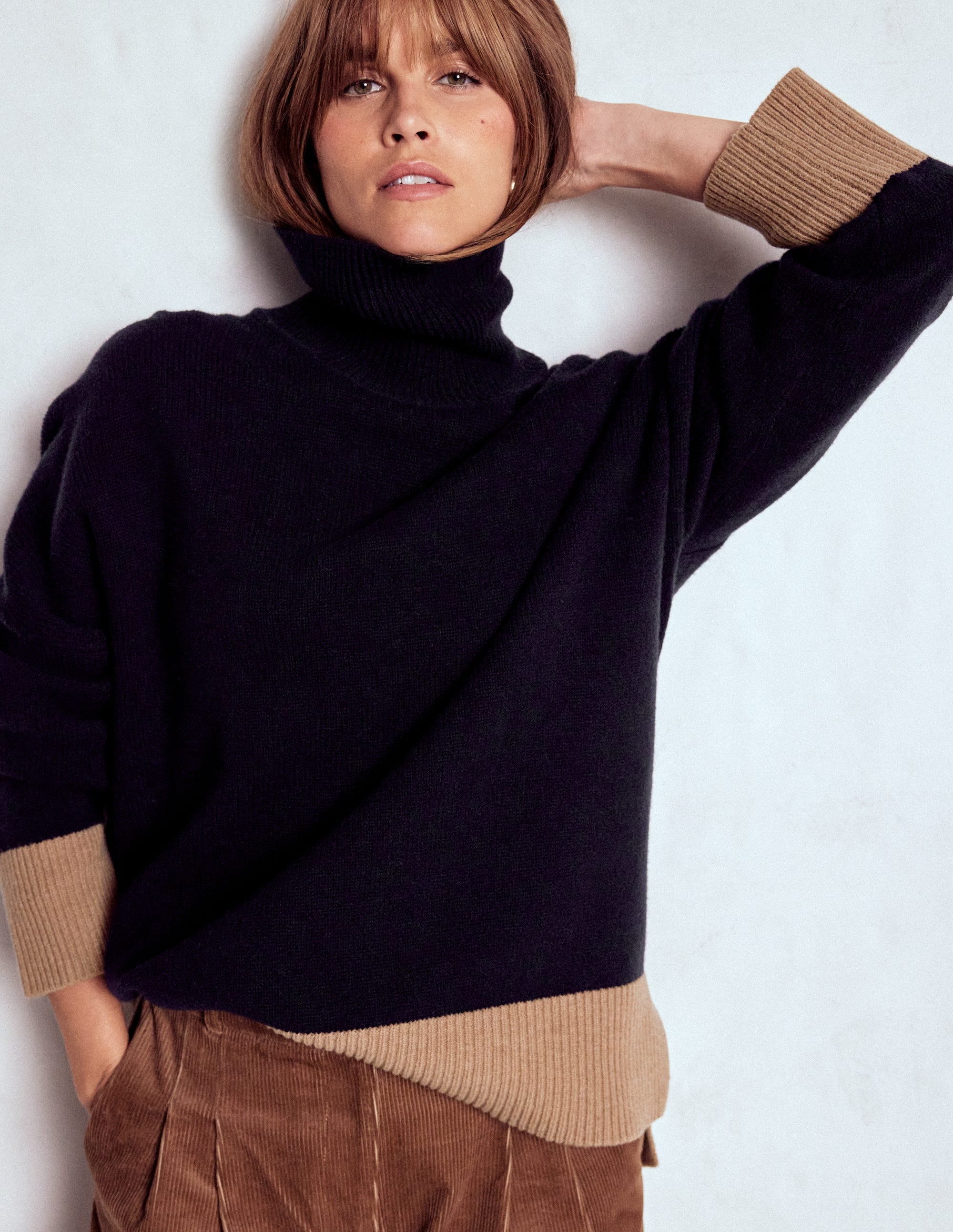 Polly Merino Roll Neck Sweater-Navy, Warm Taupe Colour Block - Image 5