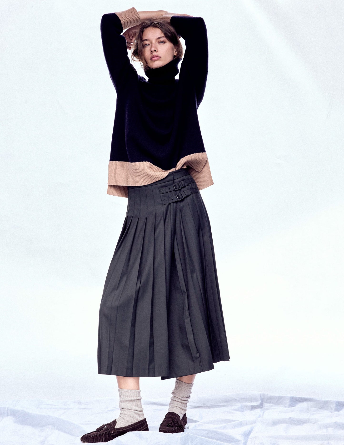 Polly Merino Roll Neck Sweater-Navy, Warm Taupe Colour Block