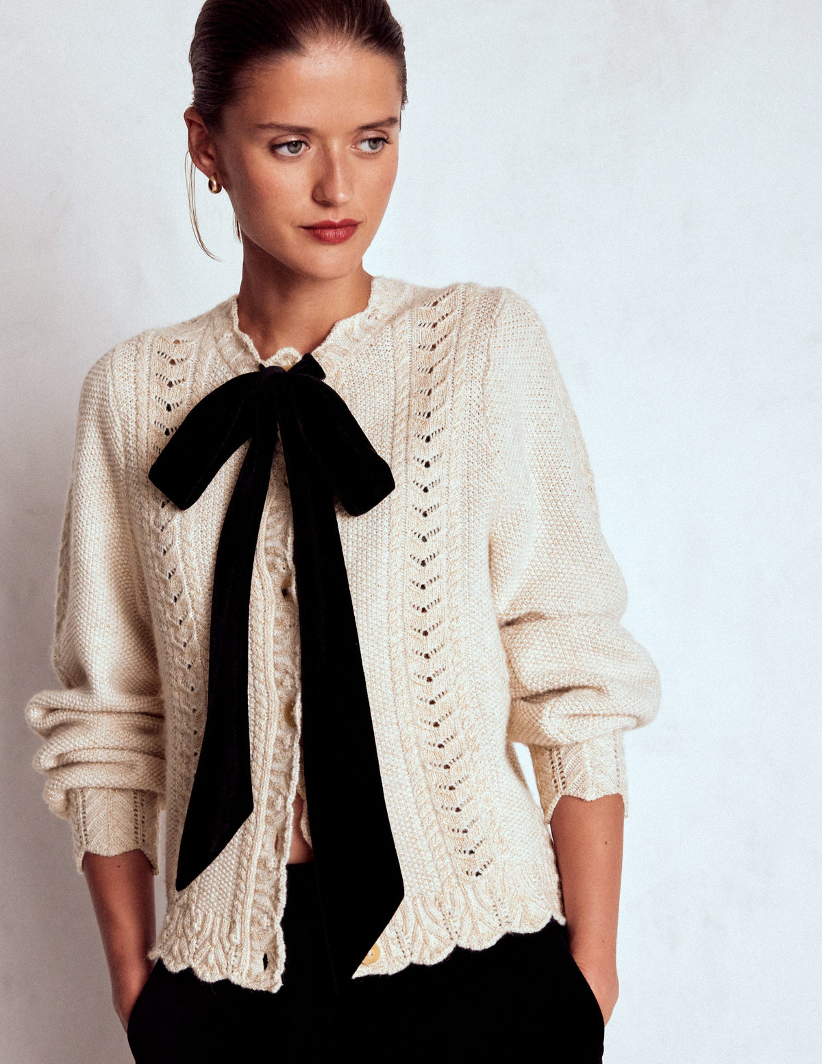 Velvet Bow Cable Cardigan-Gold Sparkle - Image 1