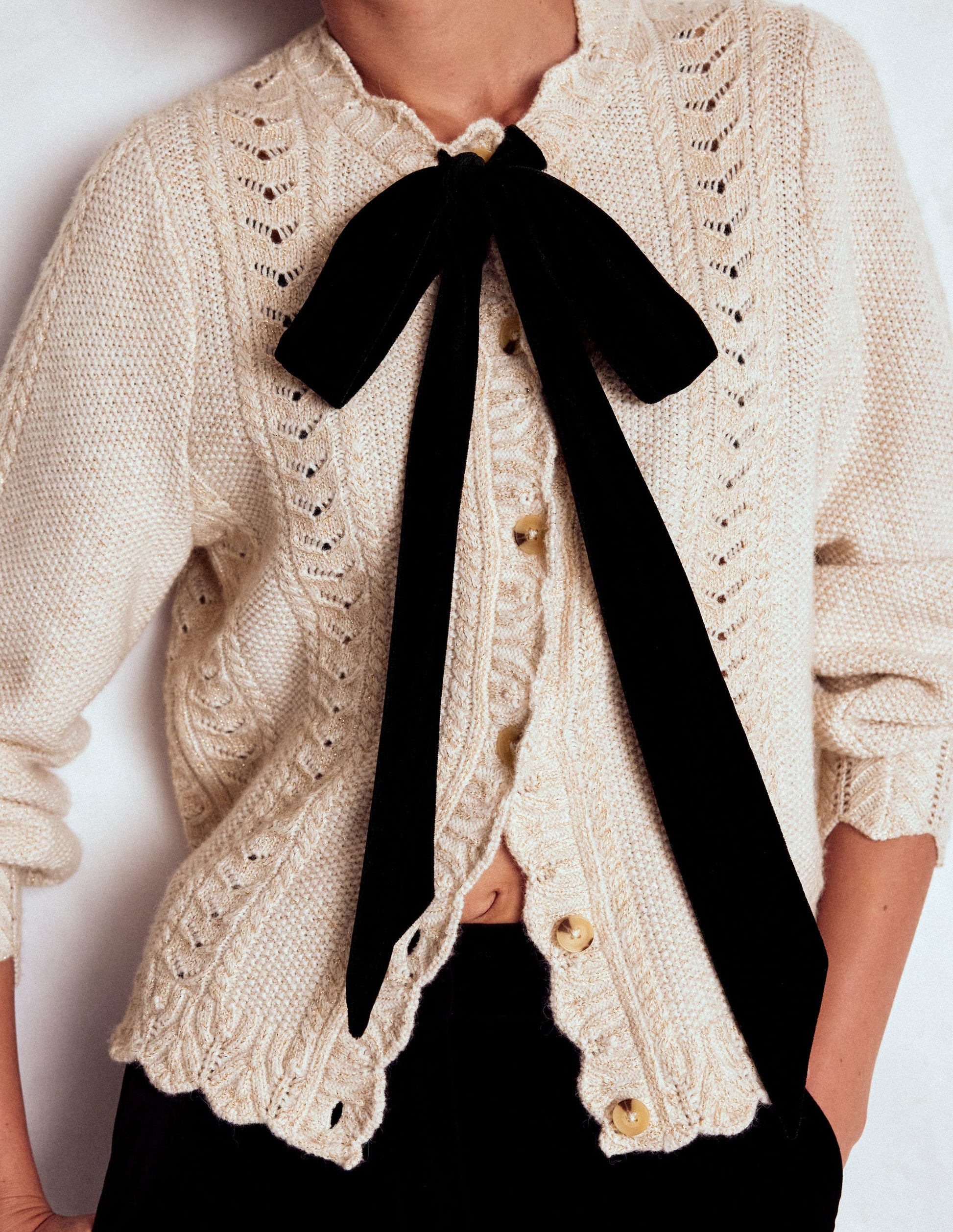 Velvet Bow Cable Cardigan-Gold Sparkle-2
