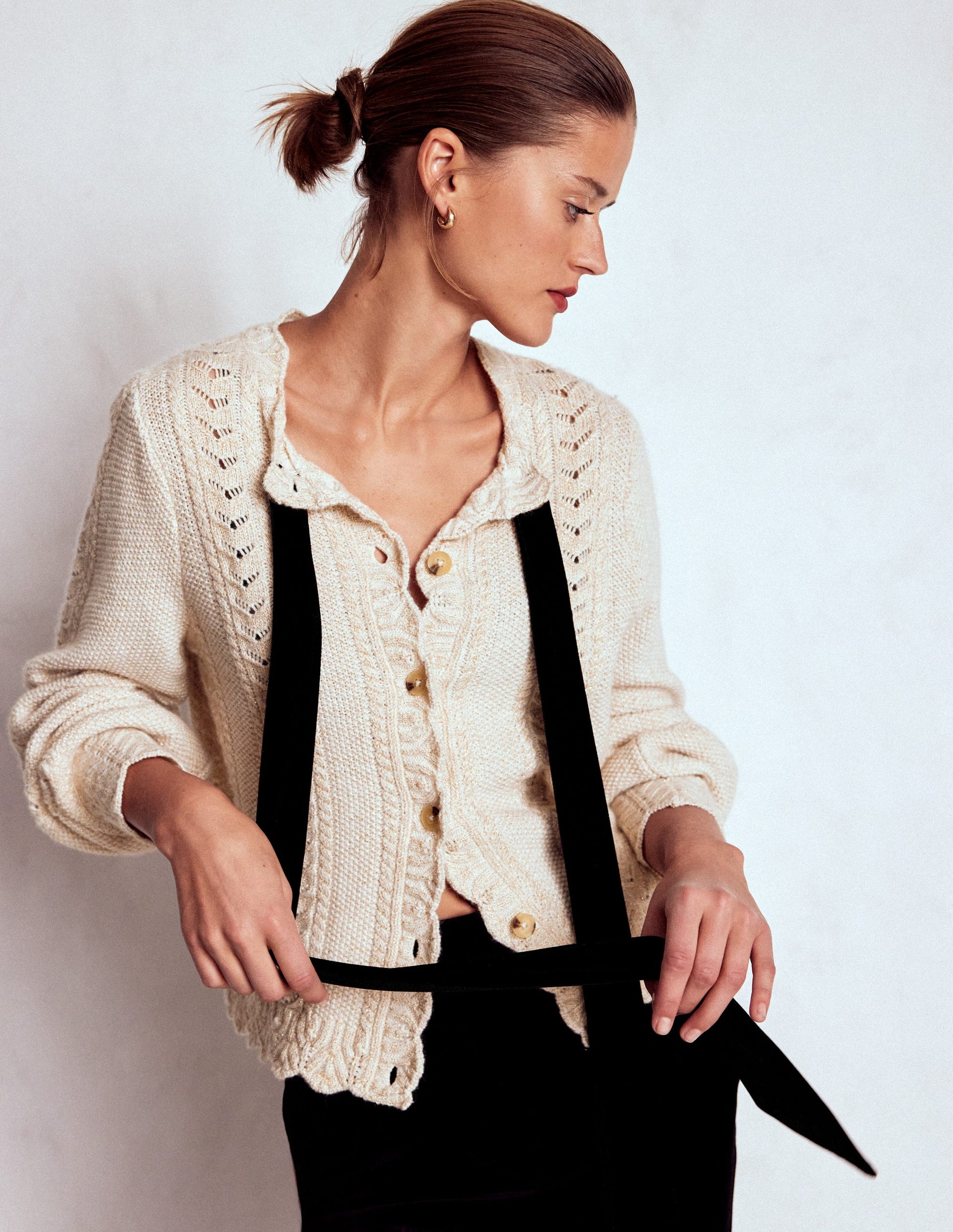 Velvet Bow Cable Cardigan-Gold Sparkle-5