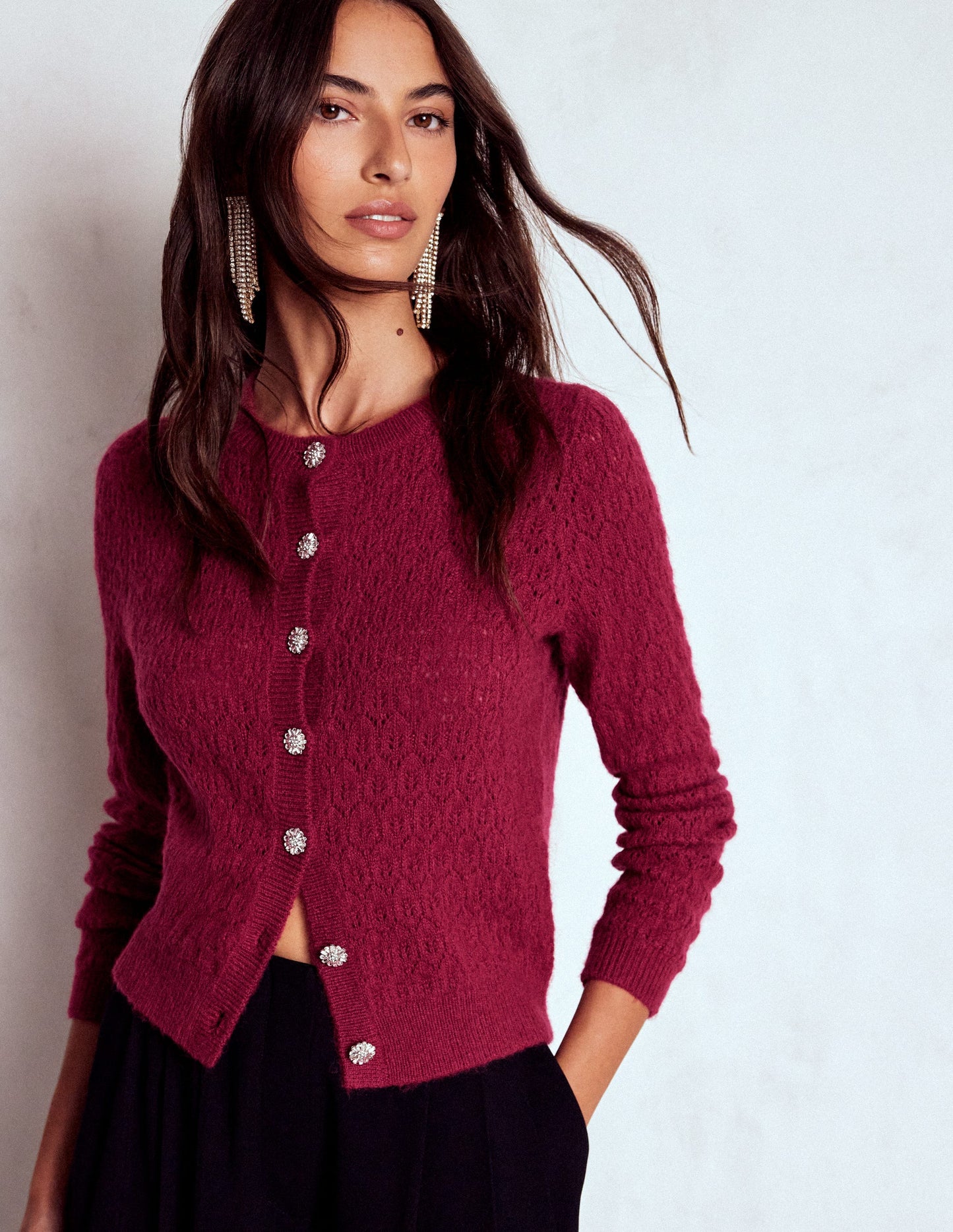 Jewel Button Cardigan-Ruby Red