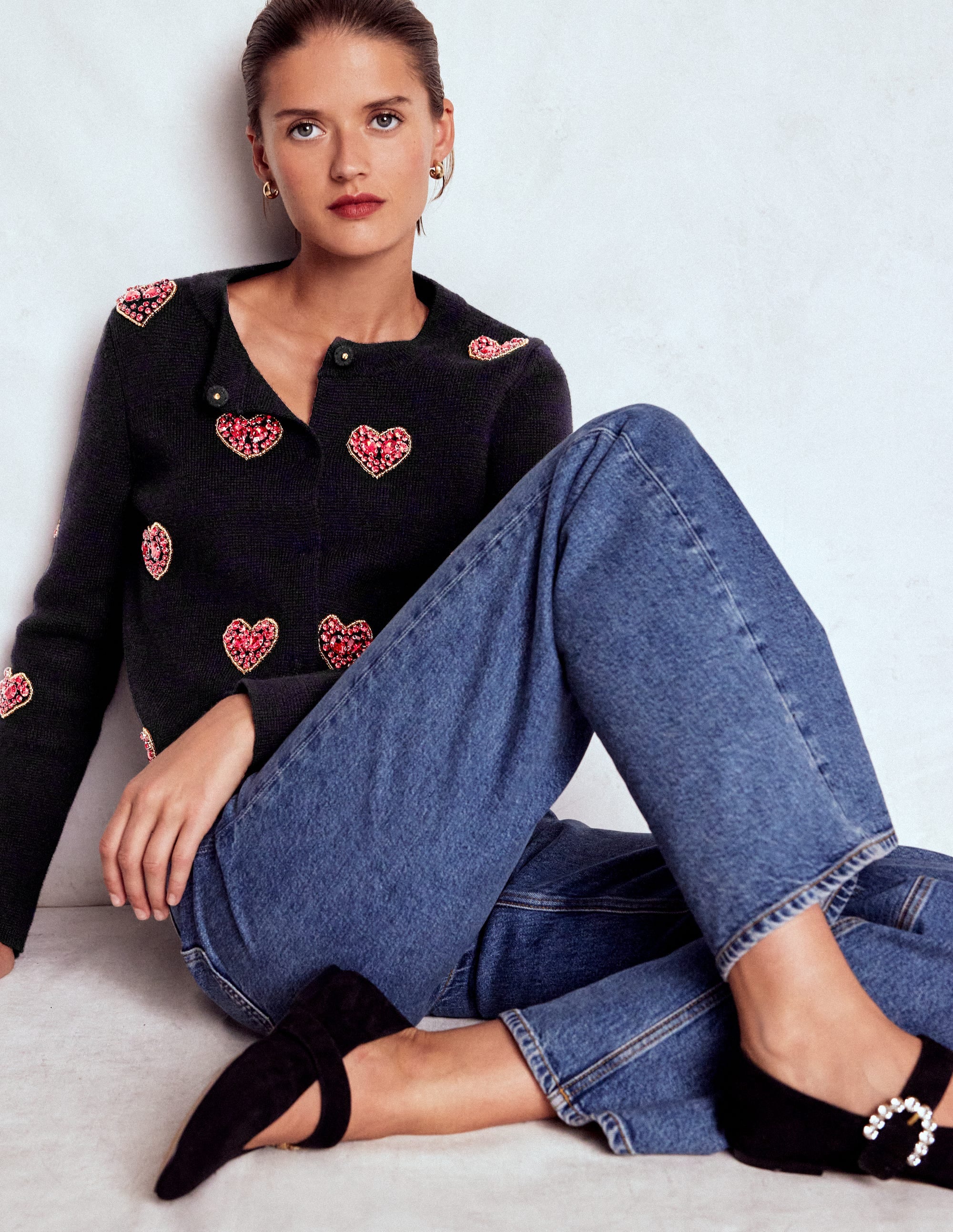 Jewelled Knitted Jacket-Black Hearts | Boden USA