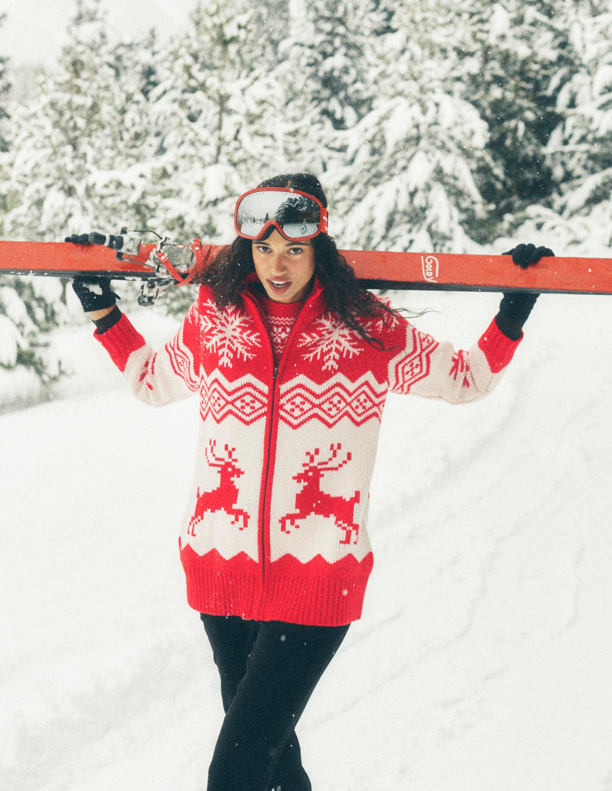 Zip Up Jacquard Cardigan-Poppy Red Reindeer-7