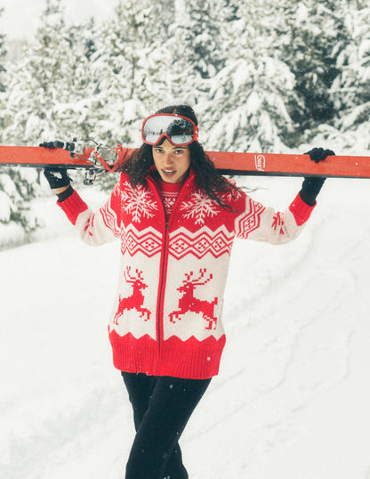 Zip Up Jacquard Cardigan-Poppy Red Reindeer-7