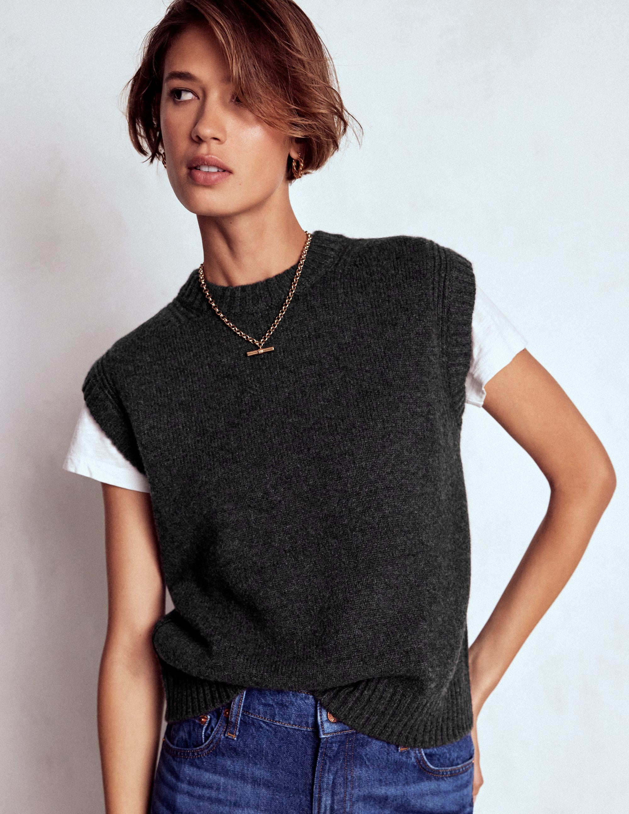 Cashmere Ribbed Trim Vest-Charcoal Melange - Image 1
