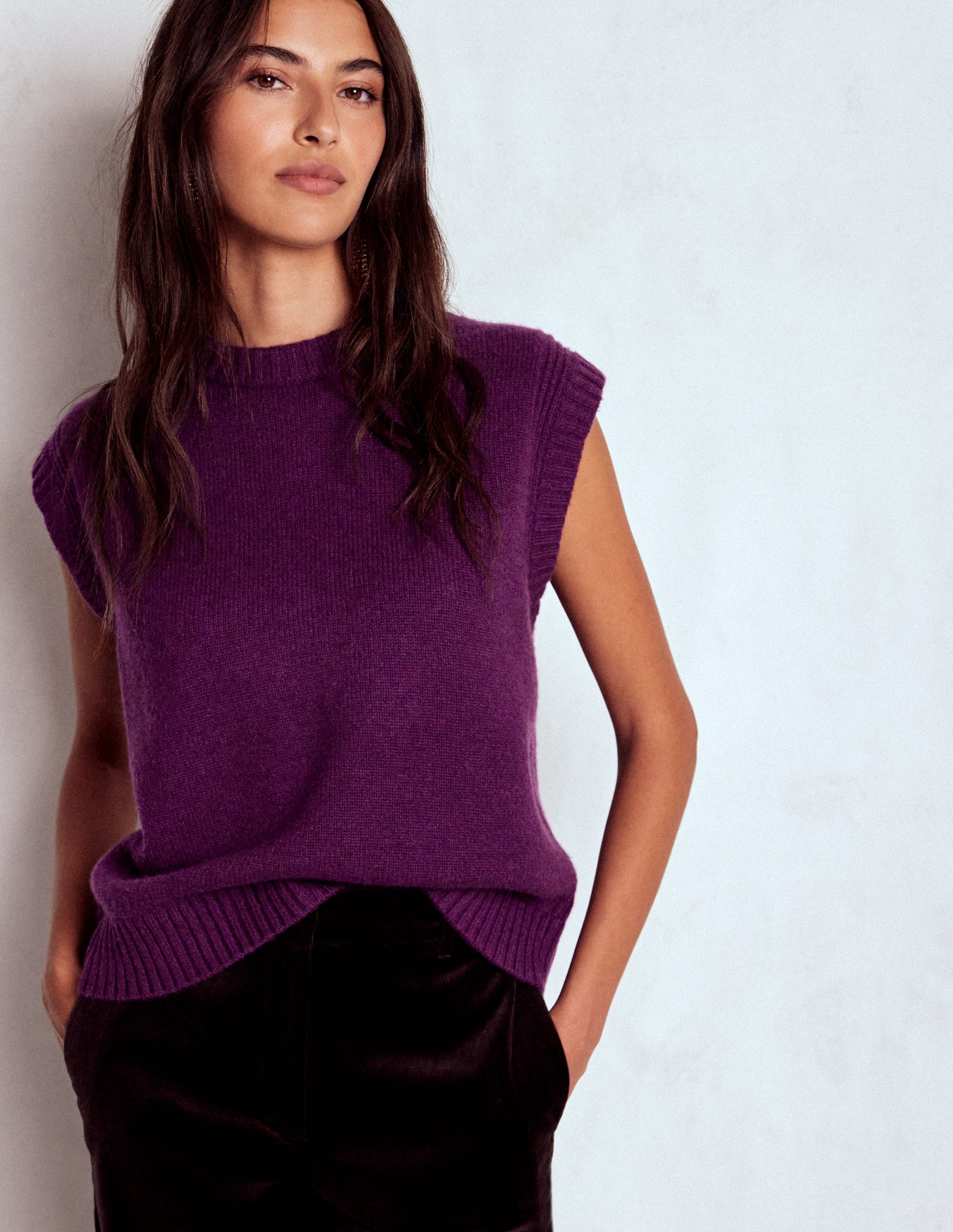 Cashmere Ribbed Trim Vest-Purple-4