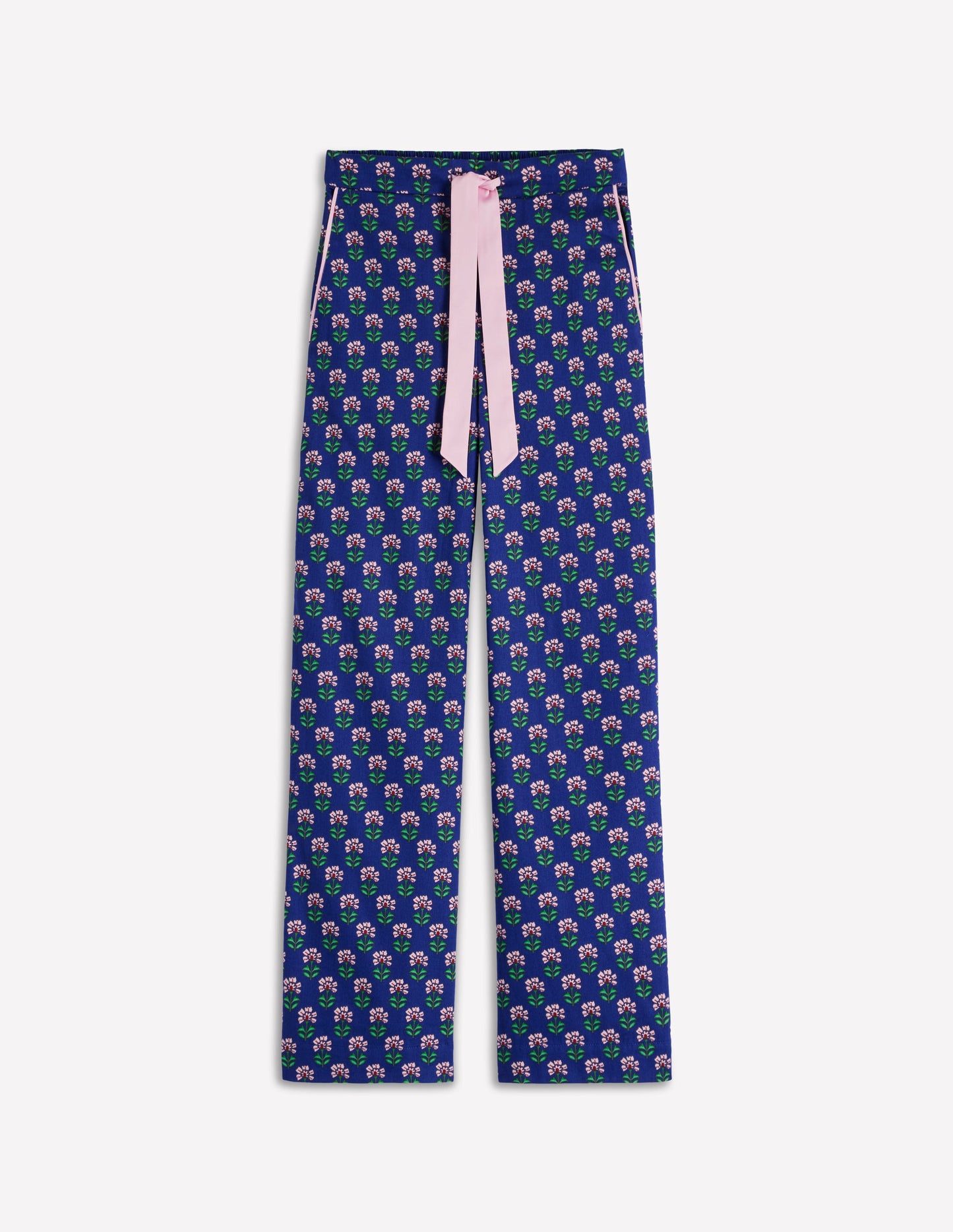 Cotton Pajama Pants-Bright Blue, Woodblock Flower