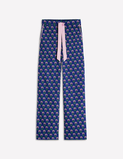 Cotton Pajama Pants-Bright Blue, Woodblock Flower-5