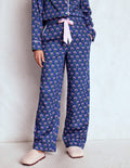 Cotton Pajama Pants-Bright Blue, Woodblock Flower