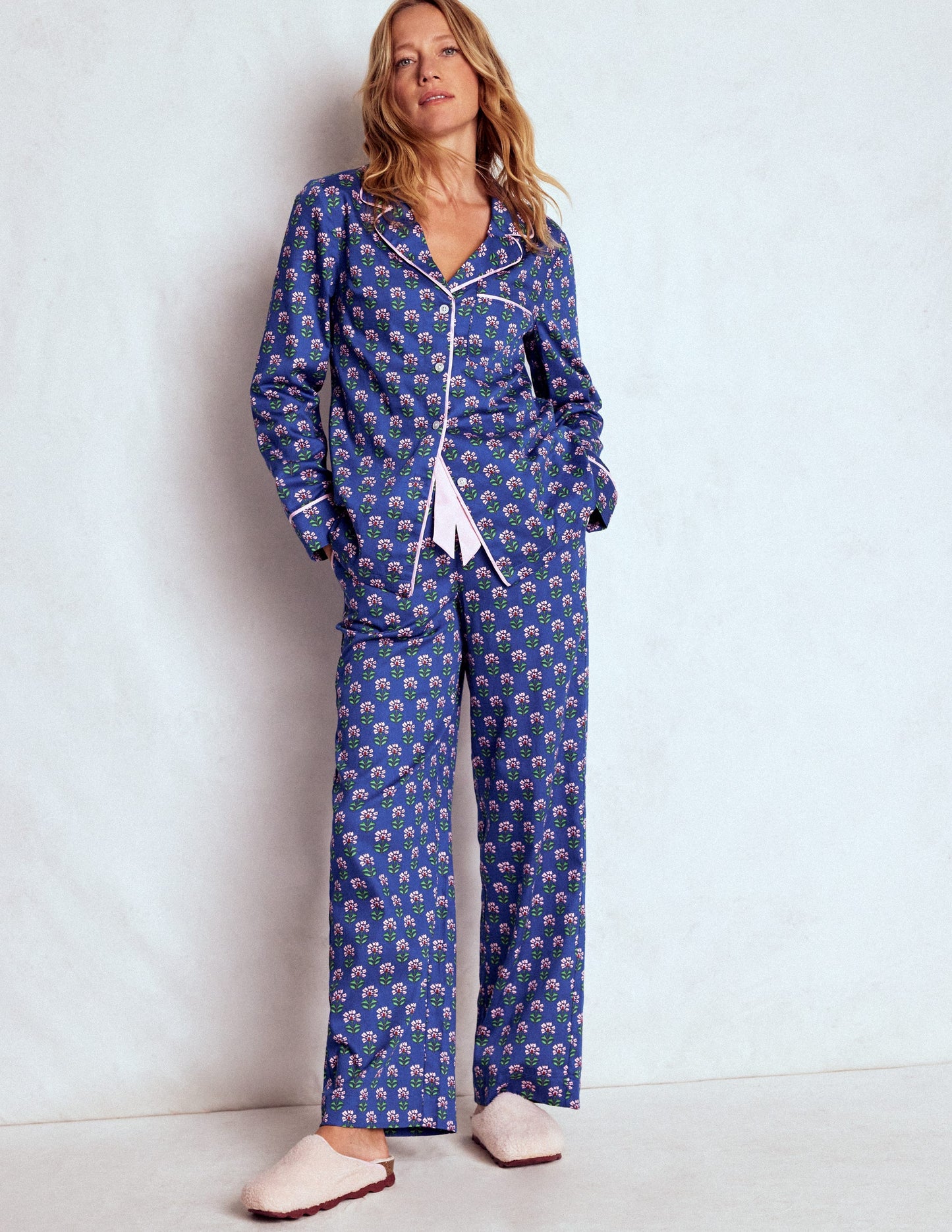 Cotton Pajama Pants-Bright Blue, Woodblock Flower
