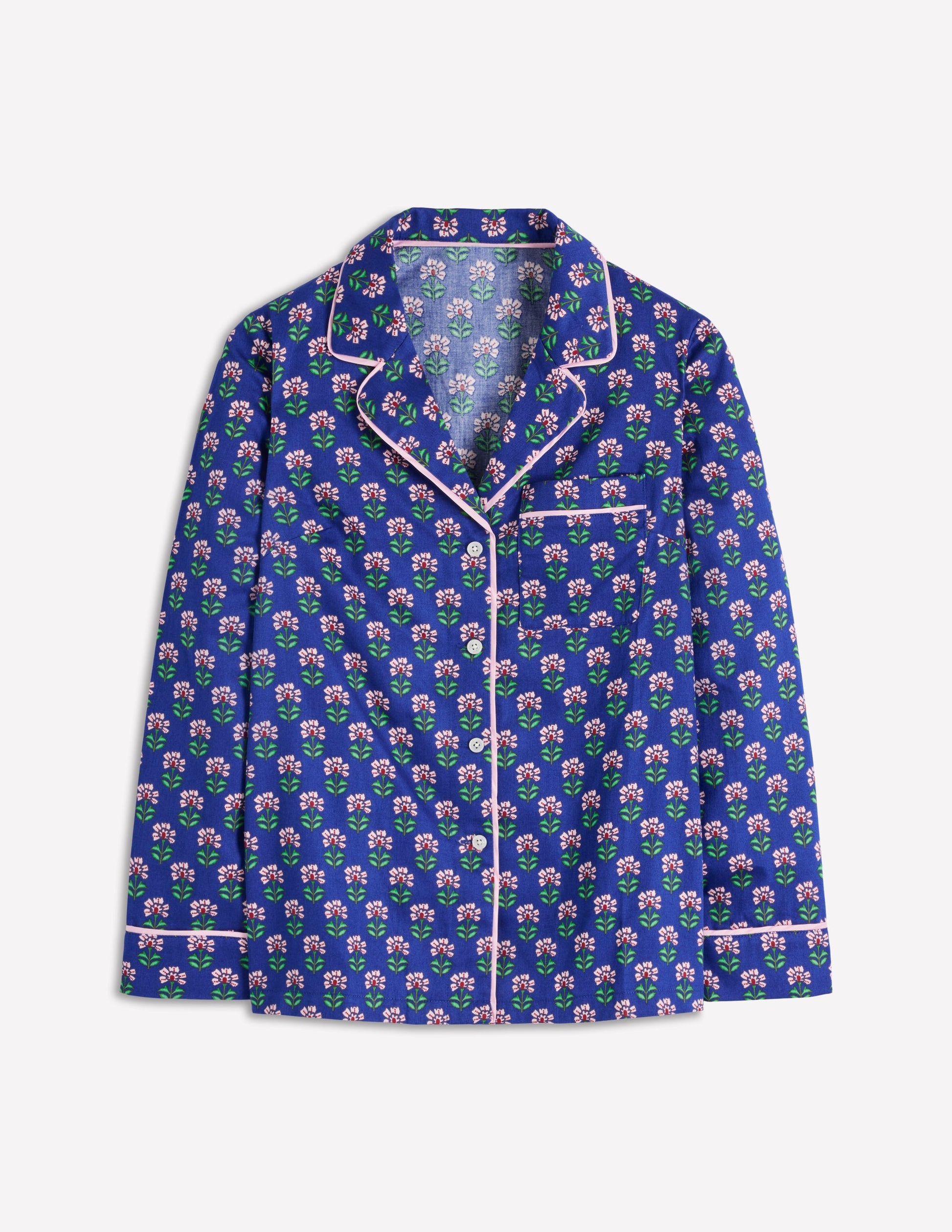 Cotton Pajama Shirt-Bright Blue, Woodblock Flower-5