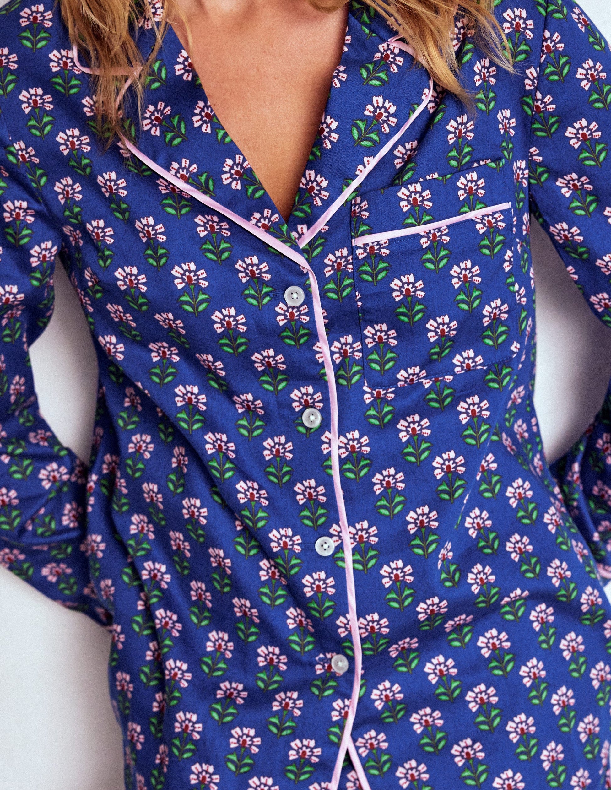 Cotton Pajama Shirt-Bright Blue, Woodblock Flower-2