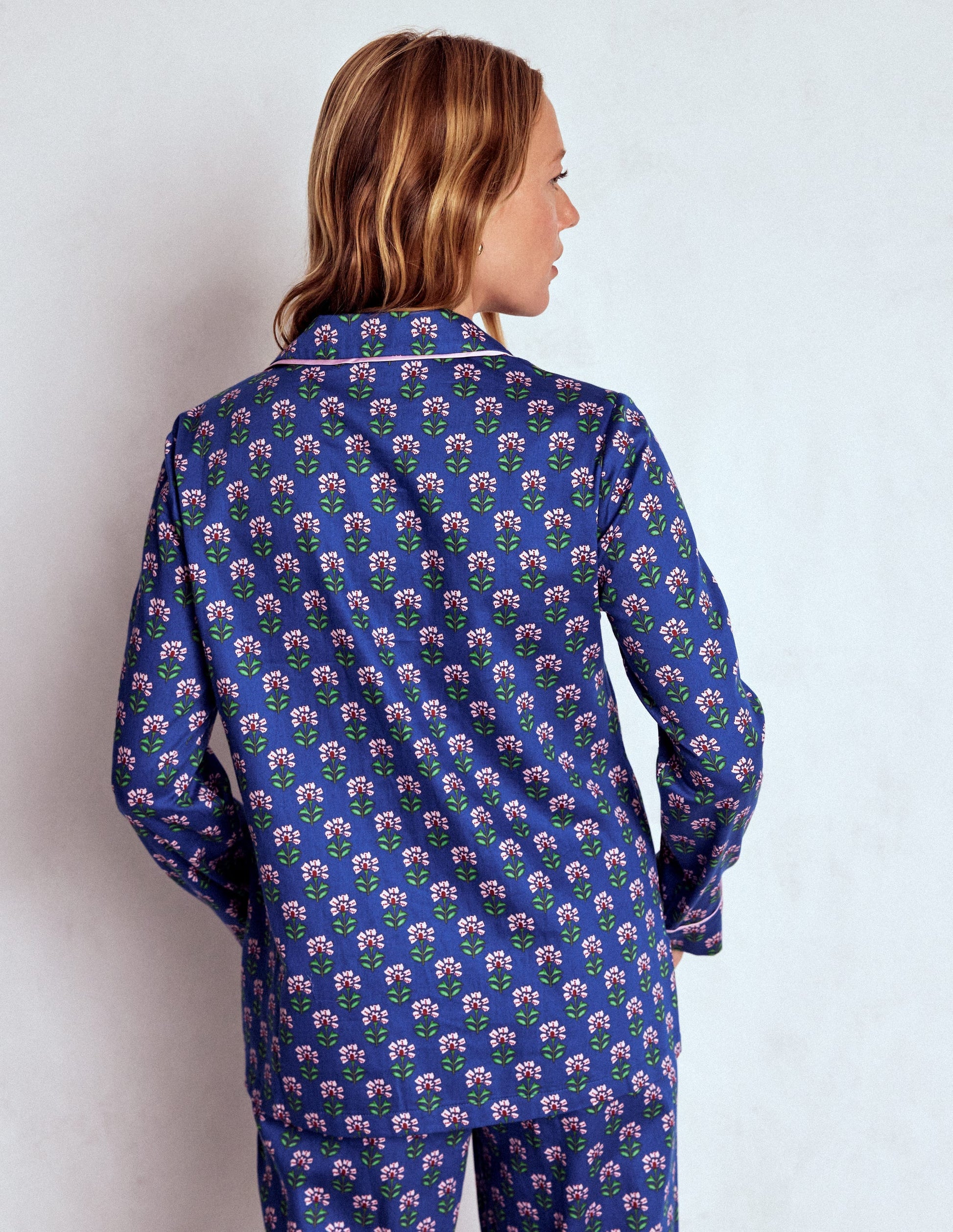 Cotton Pajama Shirt-Bright Blue, Woodblock Flower-3