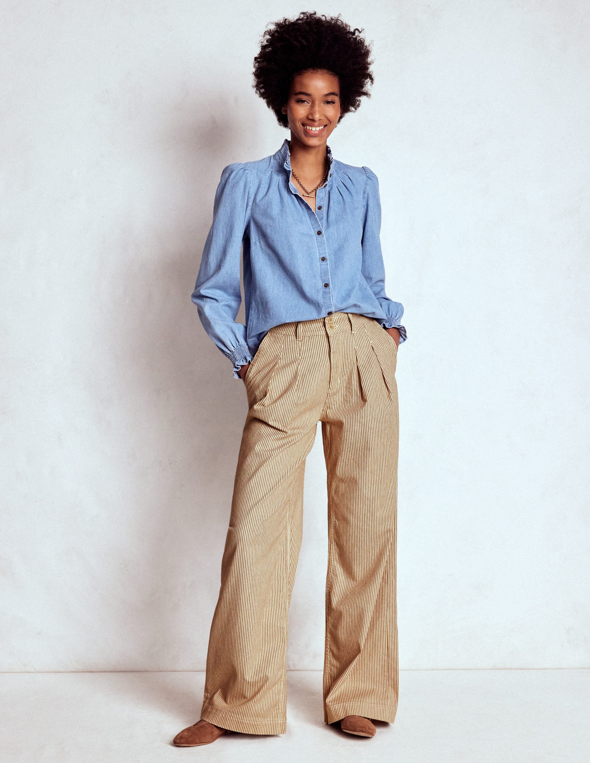 Brompton Wide Leg Pants-Tan and Ecru Stripe - Image 1
